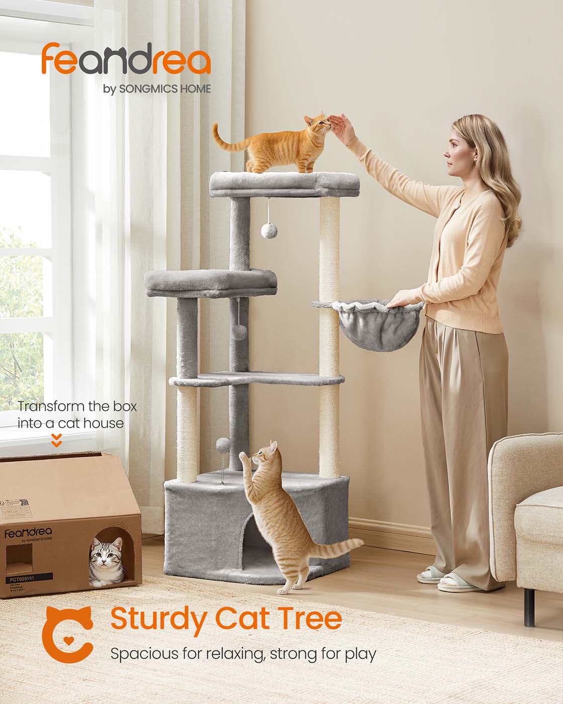 Cat Tree Tower - Engineered Wood - Dove Grey - Large Cave