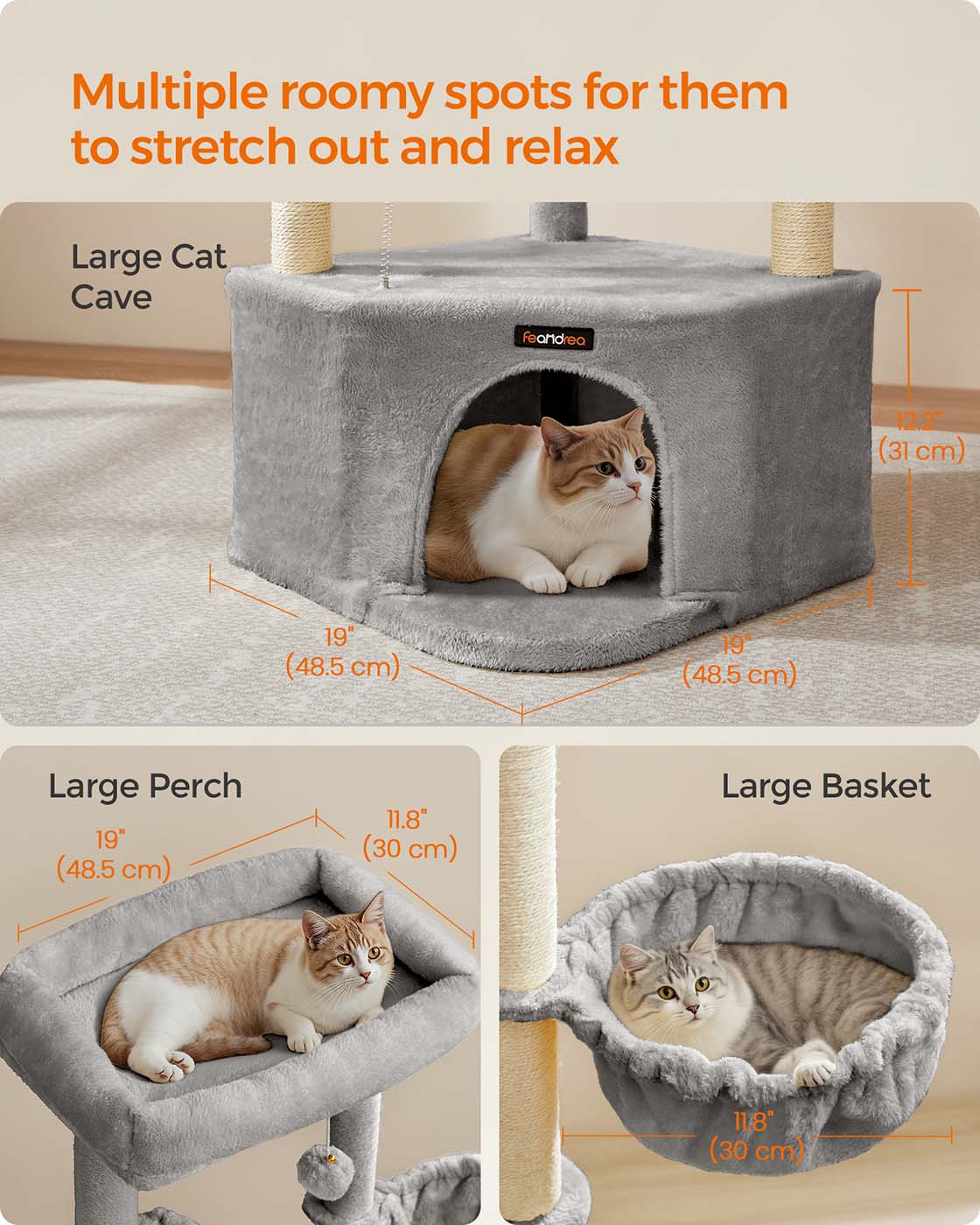 Cat Tree Tower - Engineered Wood - Dove Grey - Large Cave