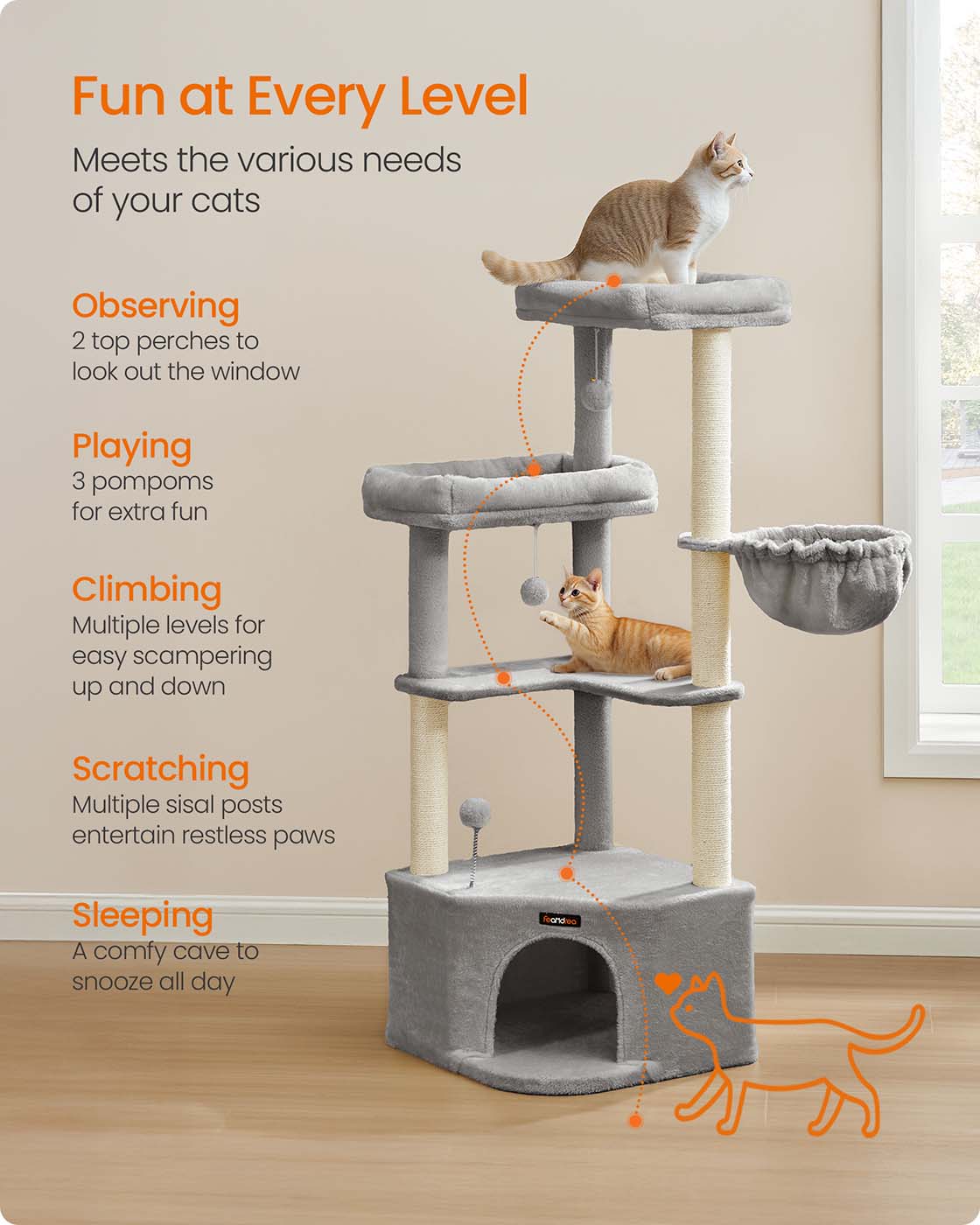 Cat Tree Tower - Engineered Wood - Dove Grey - Large Cave