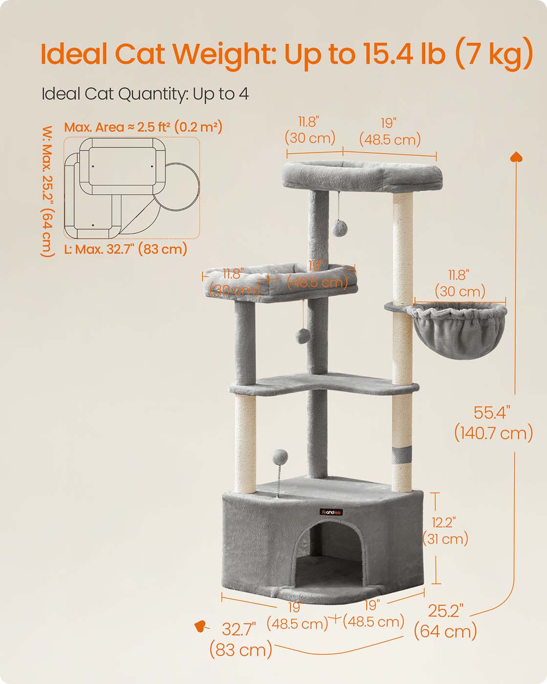 Cat Tree Tower - Engineered Wood - Dove Grey - Large Cave