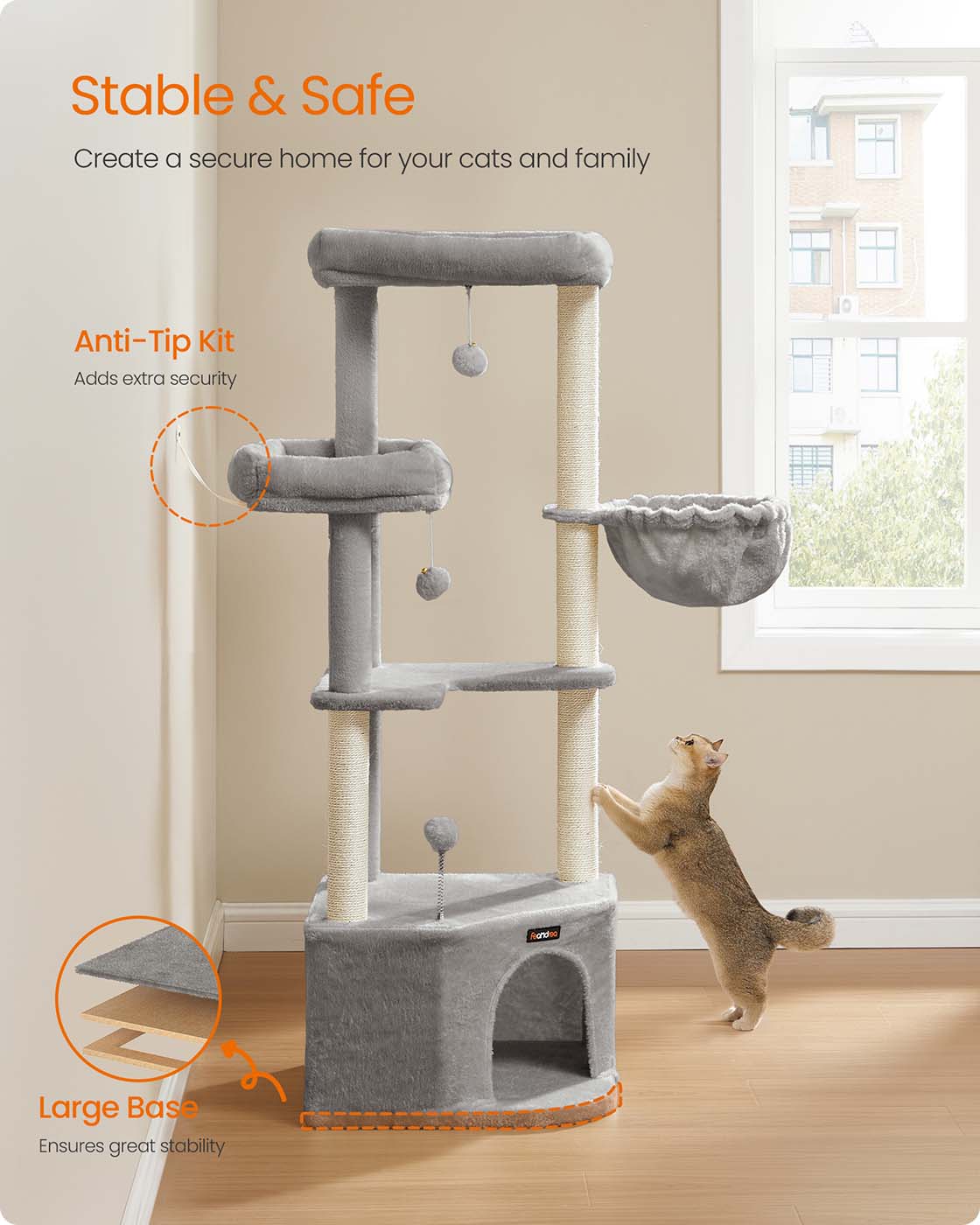 Cat Tree Tower - Engineered Wood - Dove Grey - Large Cave