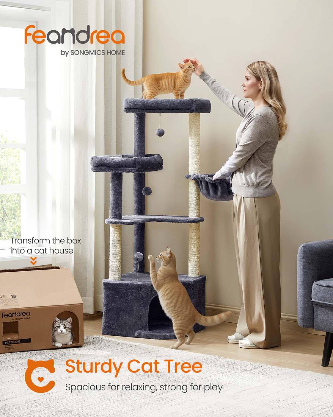 Cat Tree Tower - Engineered Wood - Dove Grey - Large Cave