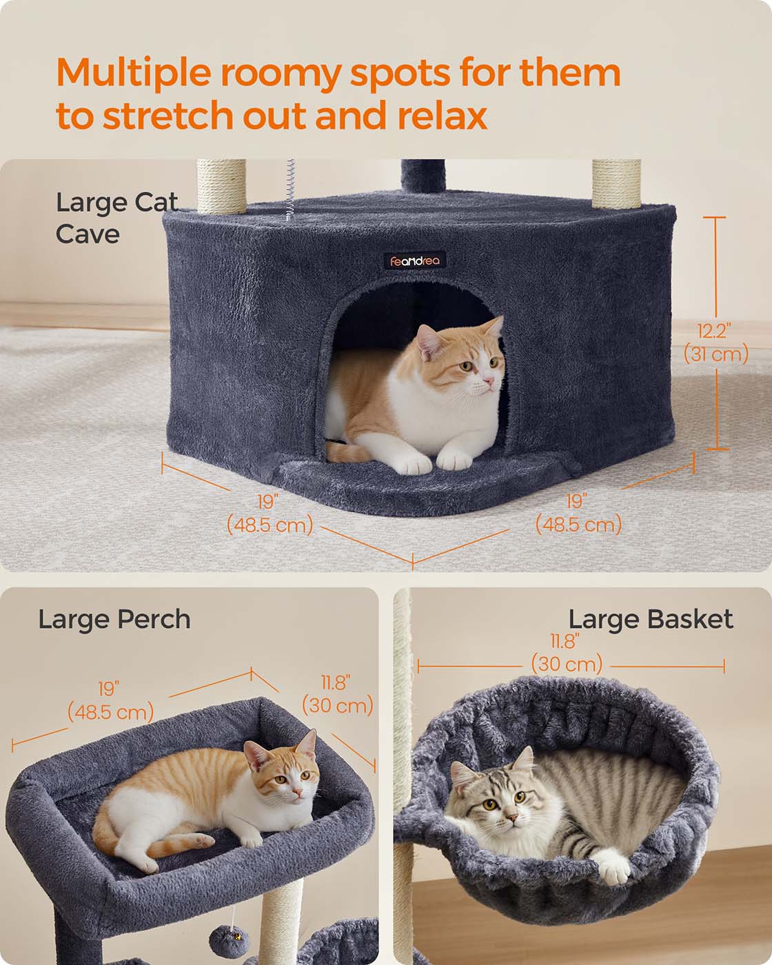 Cat Tree Tower - Engineered Wood - Dove Grey - Large Cave