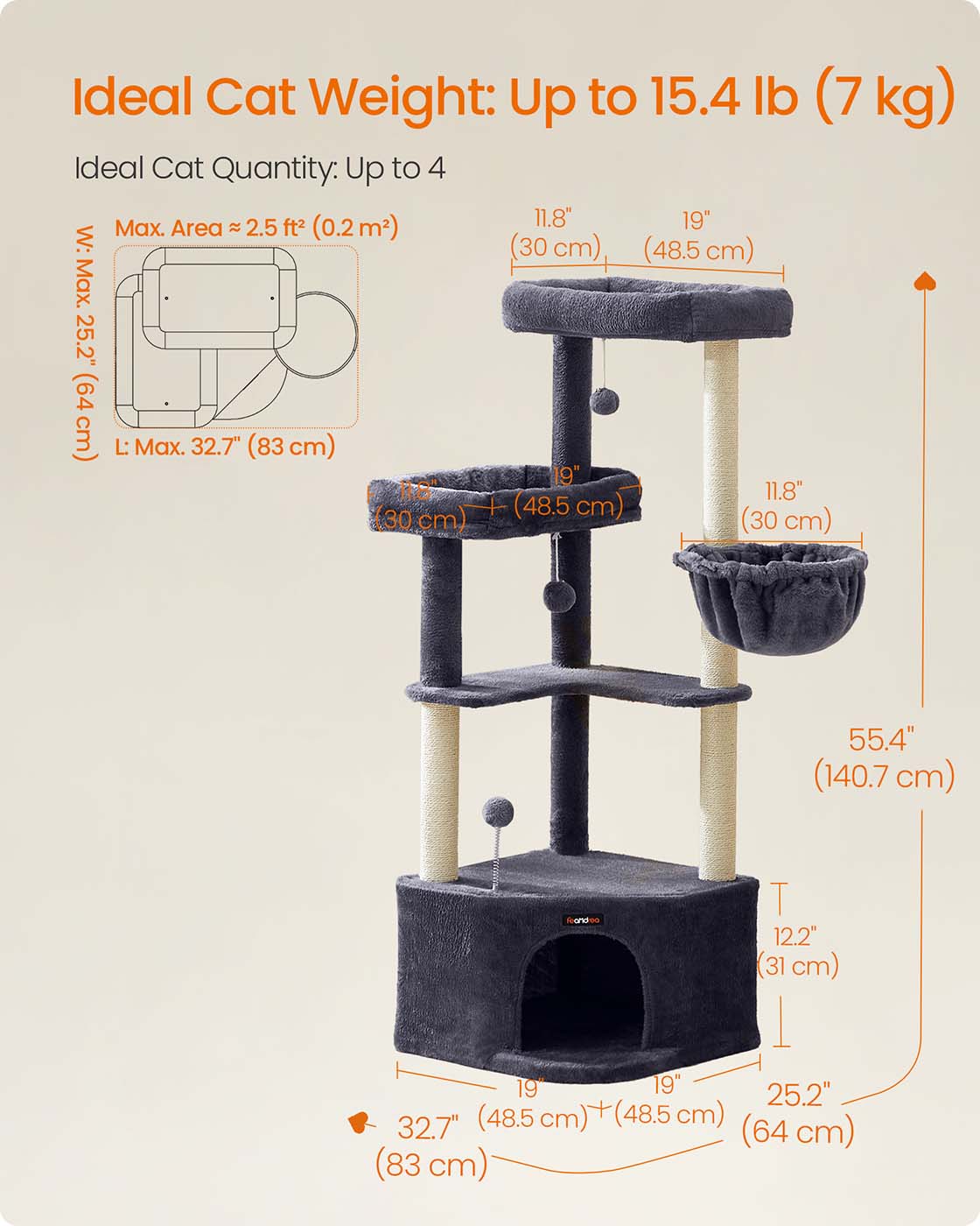 Cat Tree Tower - Engineered Wood - Dove Grey - Large Cave