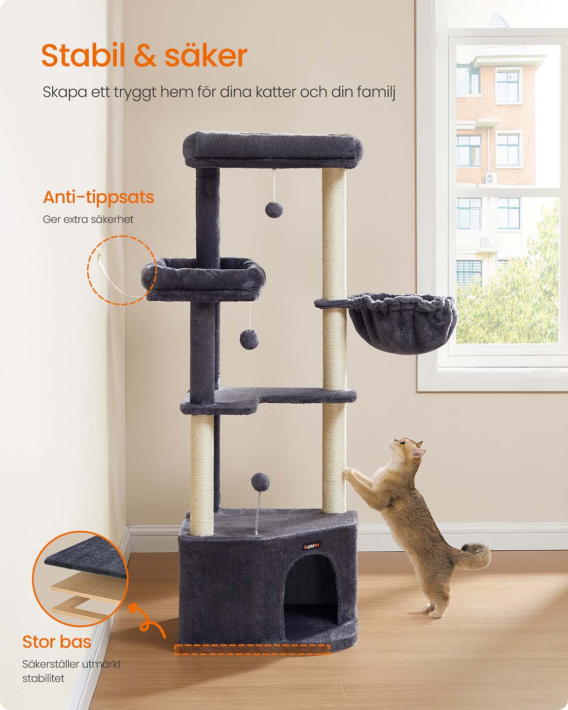Cat Tree Tower - Engineered Wood - Dove Grey - Large Cave