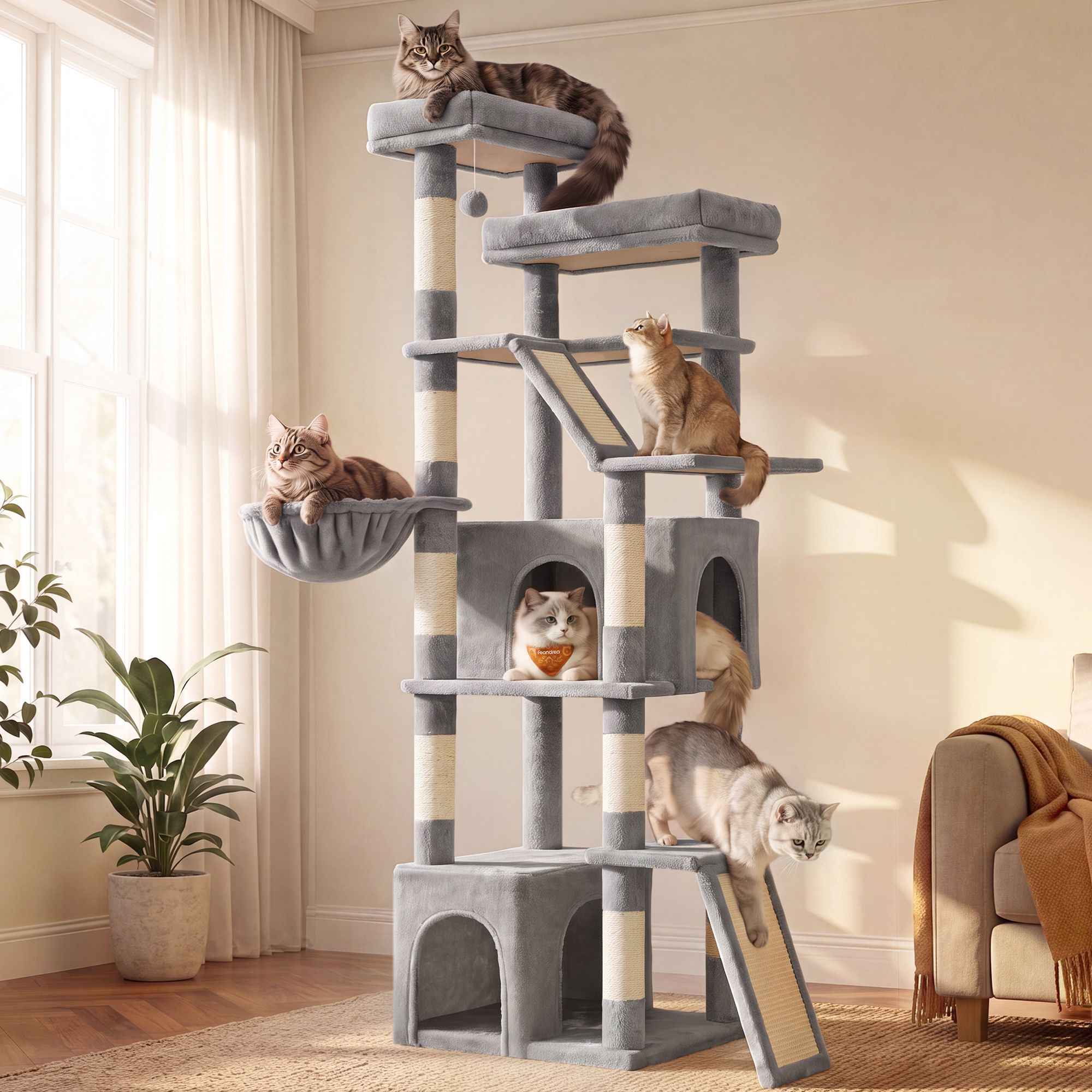 Cat Tree - With Sisal Posts and Perches - Dove Grey - 55 x 45 x 184.5 cm