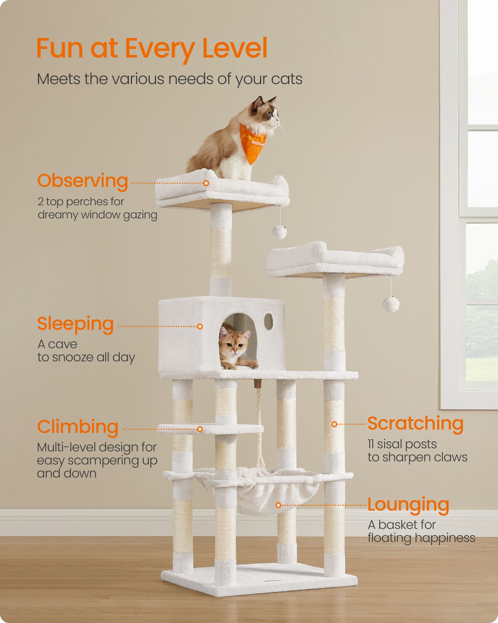 Cat Tower - Engineered Wood - Light Grey - Stable Design with Cat Cave