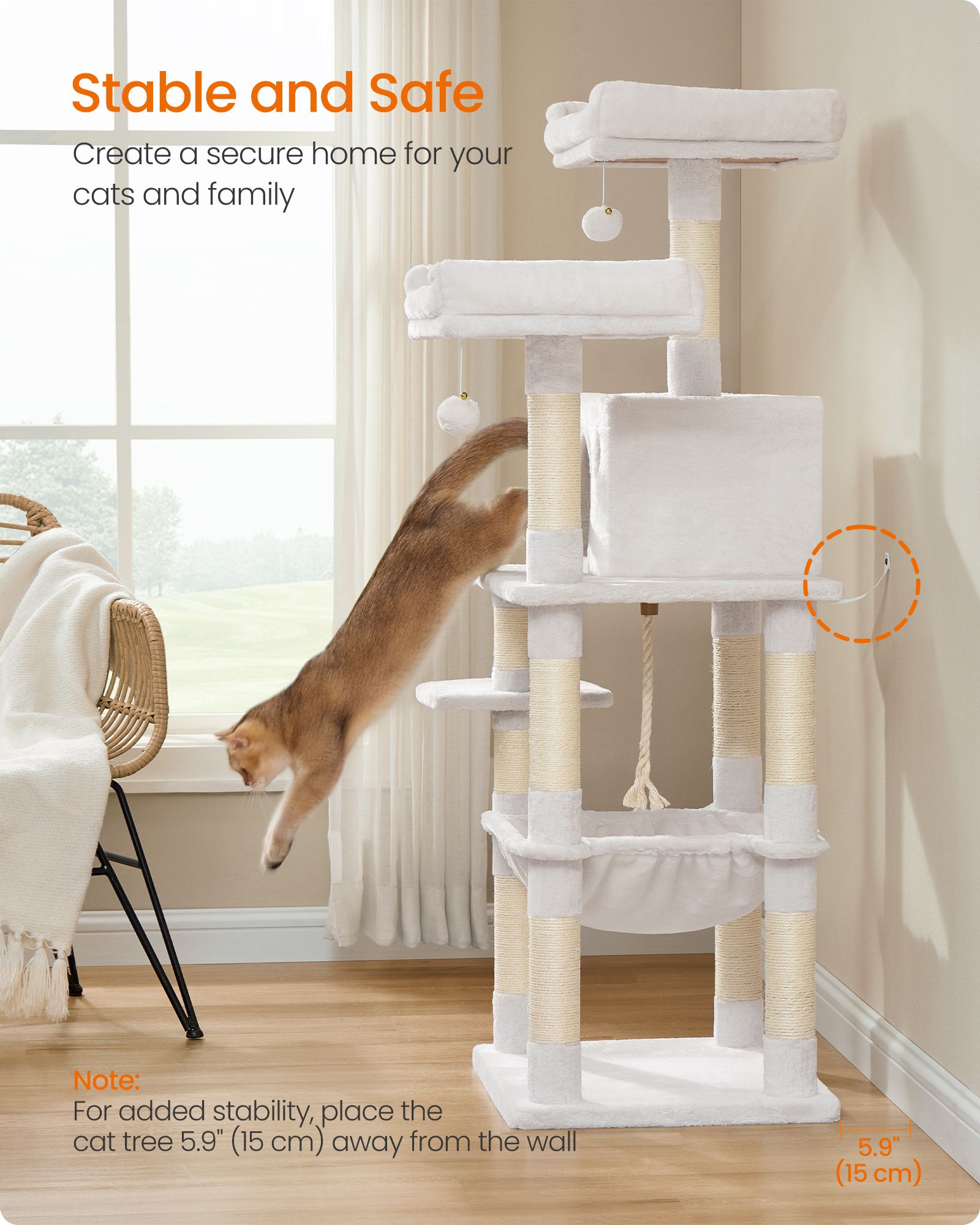 Cat Tower - Engineered Wood - Light Grey - Stable Design with Cat Cave