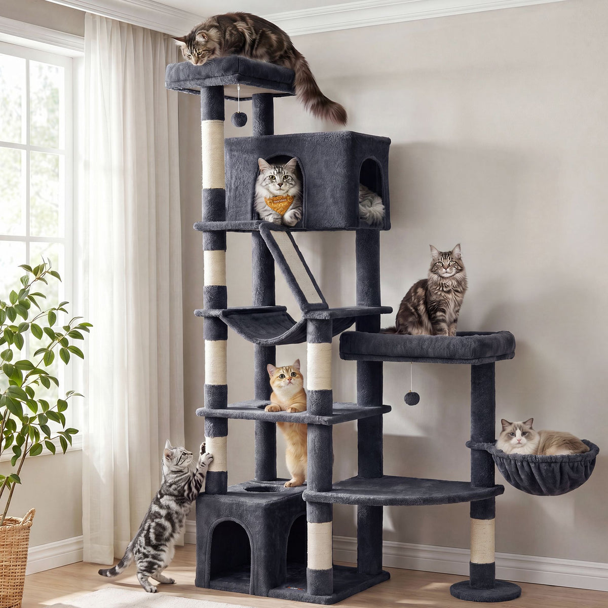Cat Tree - With Sisal Posts and Perches - Dark Gray - 105 x 45 x 188.2 cm