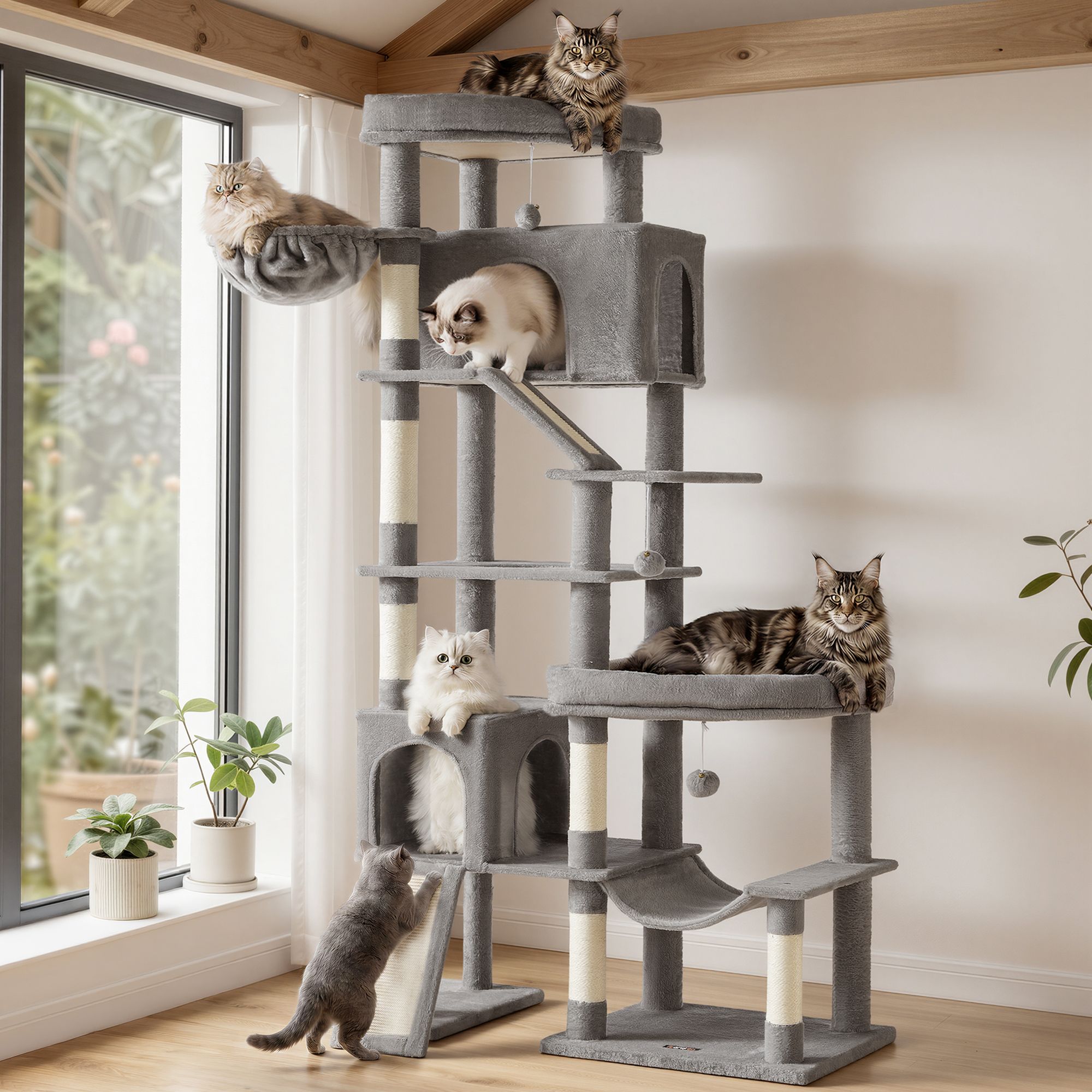 Cat Tree - With Sisal Posts and Perches - Light Grey - 105 x 45 x 202 cm