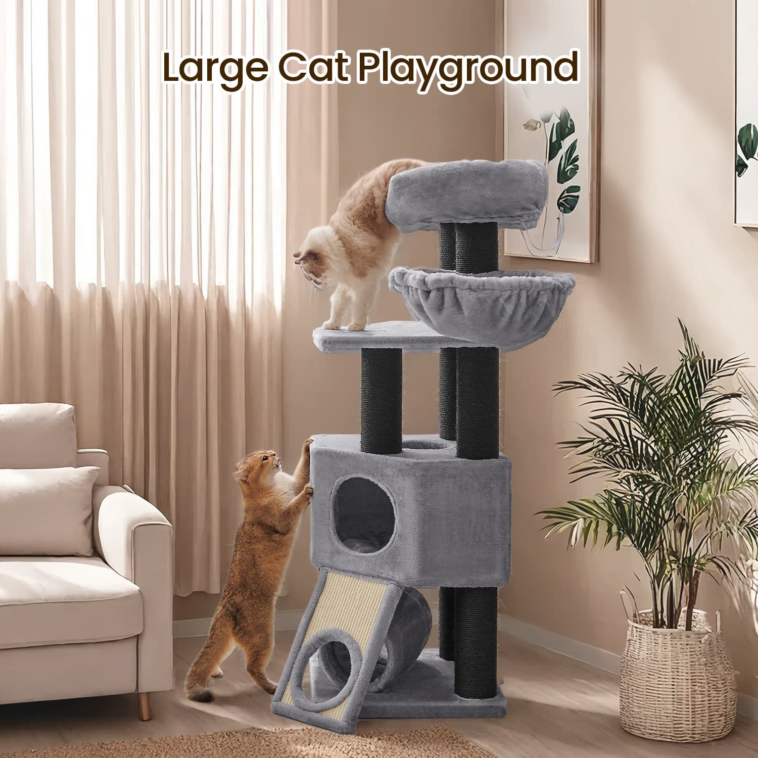 Large Cat Tree - Plush Fabric - Light Grey - With Scratching Post and Cuddle Cave