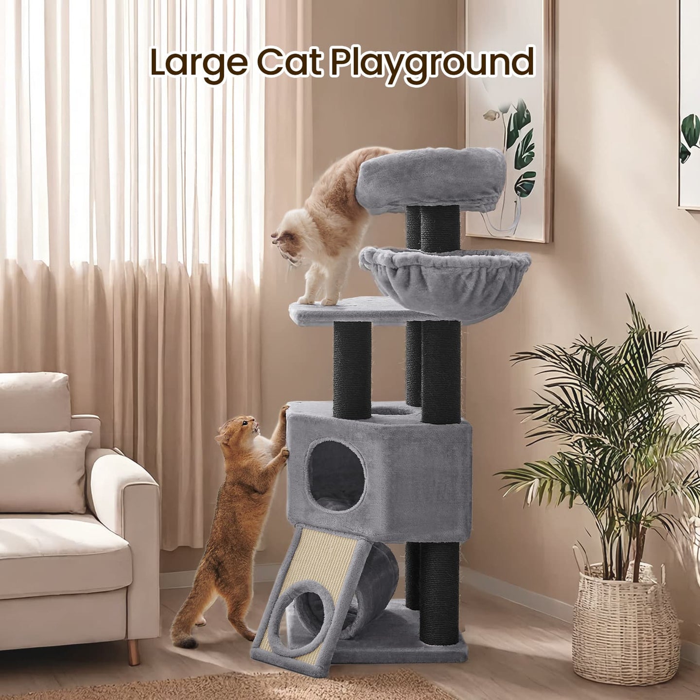 Large Cat Tree - Plush Fabric - Light Grey - With Scratching Post and Cuddle Cave