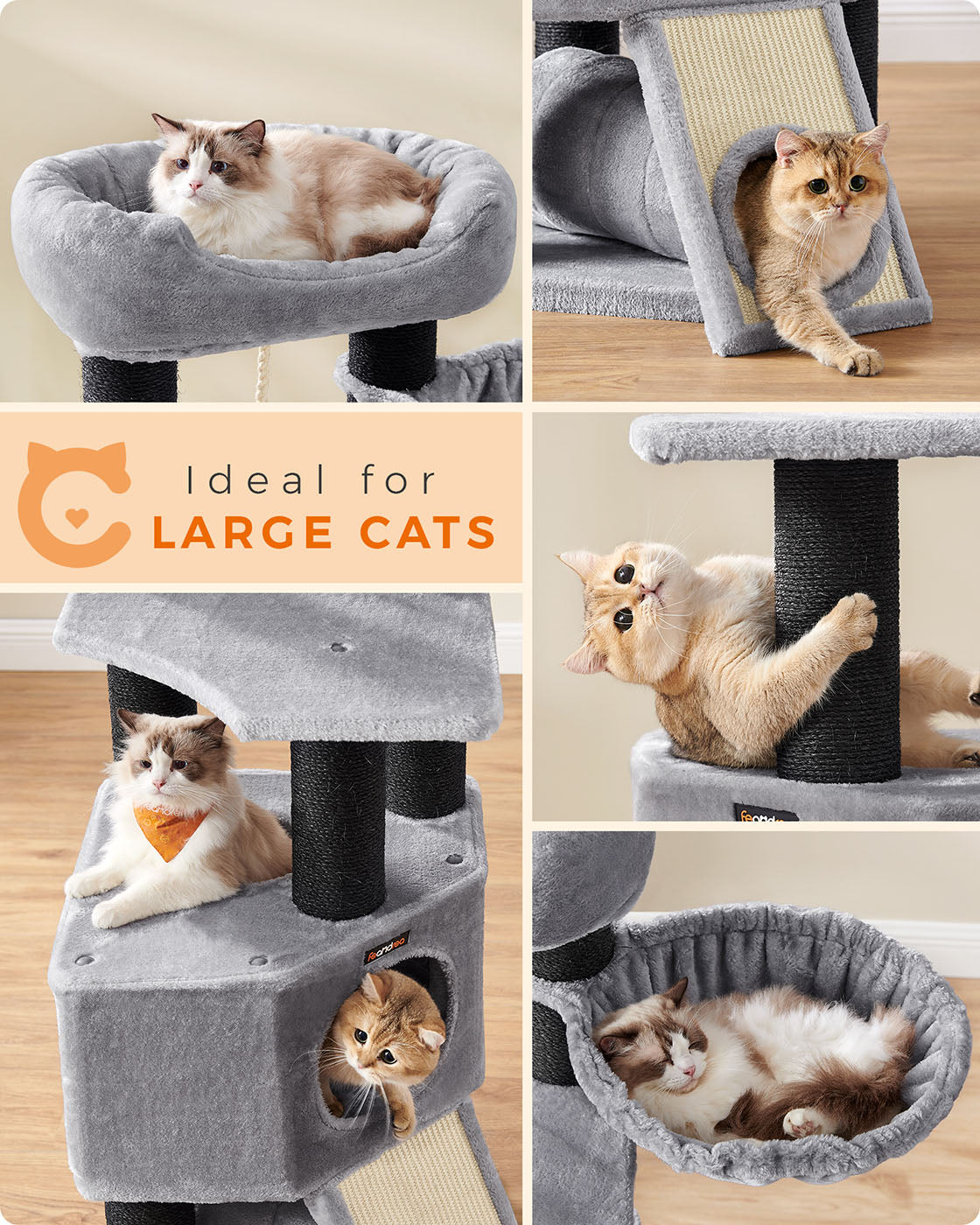 Large Cat Tree - Light Grey - Plush and Sisal