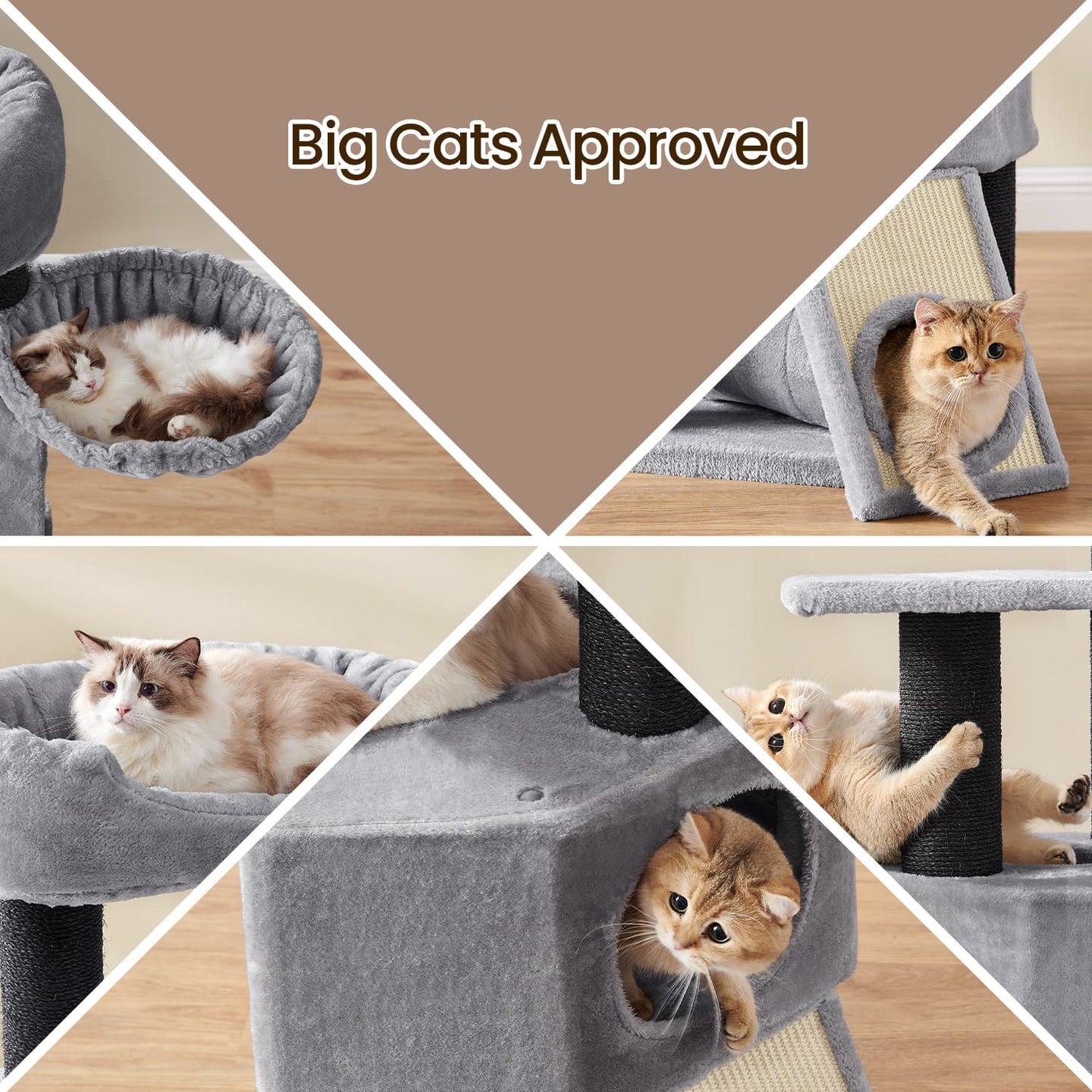 Large Cat Tree - Plush Fabric - Light Grey - With Scratching Post and Cuddle Cave