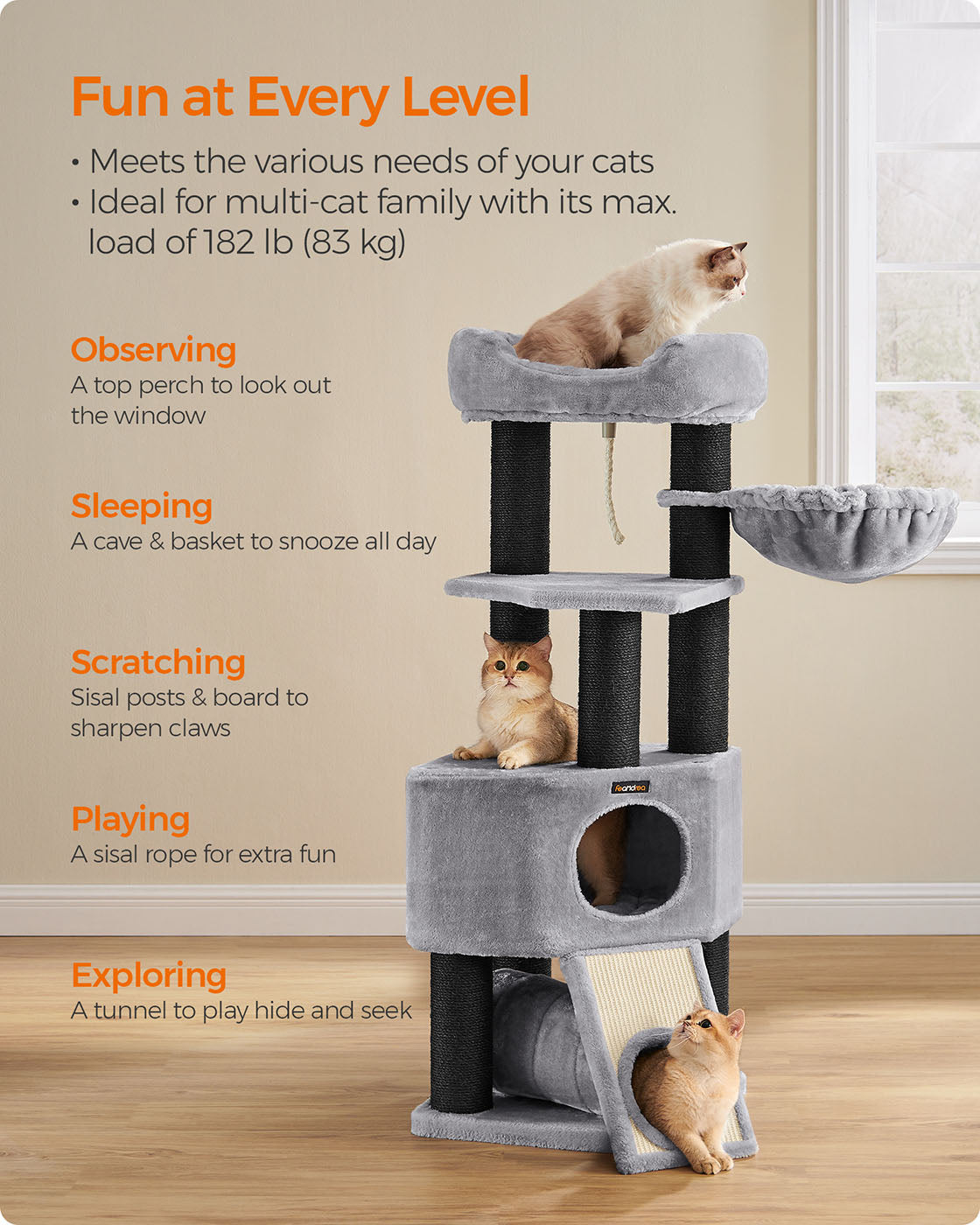 Large Cat Tree - Light Grey - Plush and Sisal