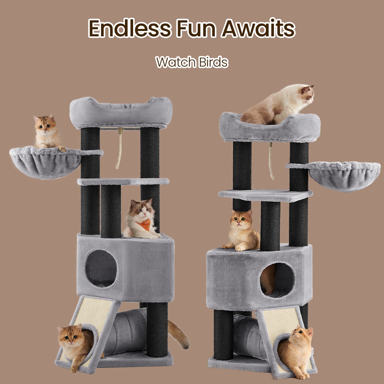 Large Cat Tree - Plush Fabric - Light Grey - With Scratching Post and Cuddle Cave