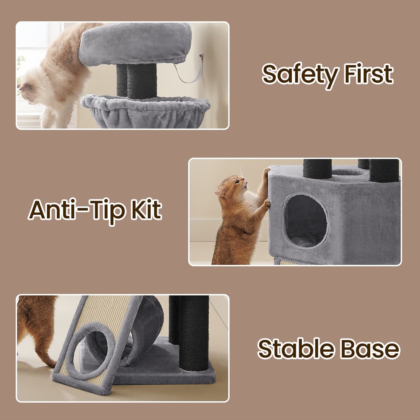 Large Cat Tree - Plush Fabric - Light Grey - With Scratching Post and Cuddle Cave