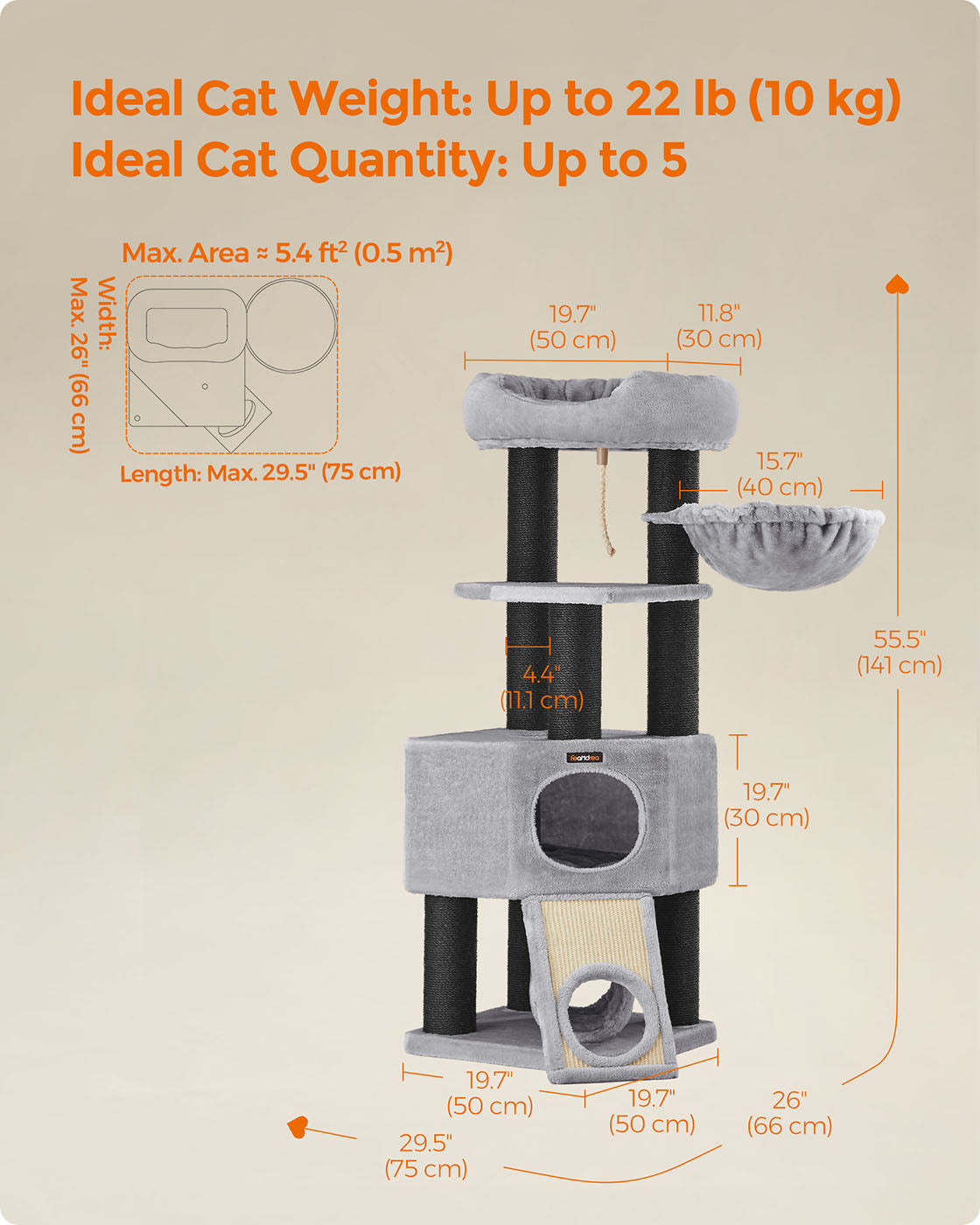 Large Cat Tree - Light Grey - Plush and Sisal