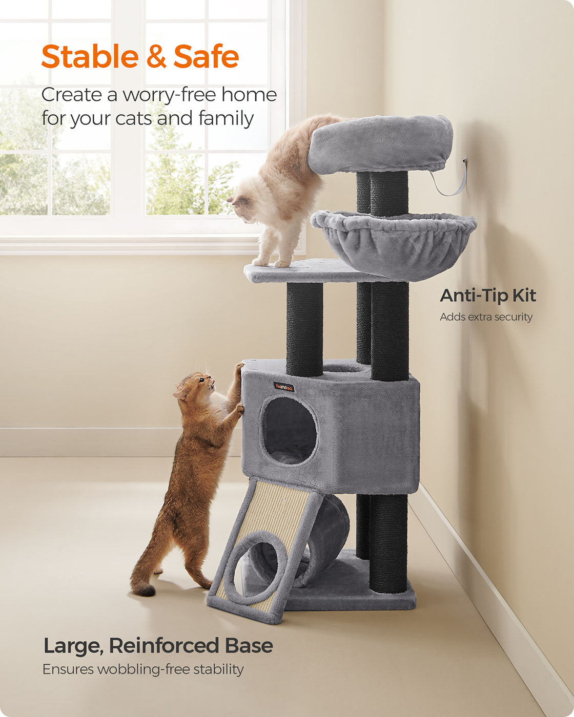 Large Cat Tree - Light Grey - Plush and Sisal