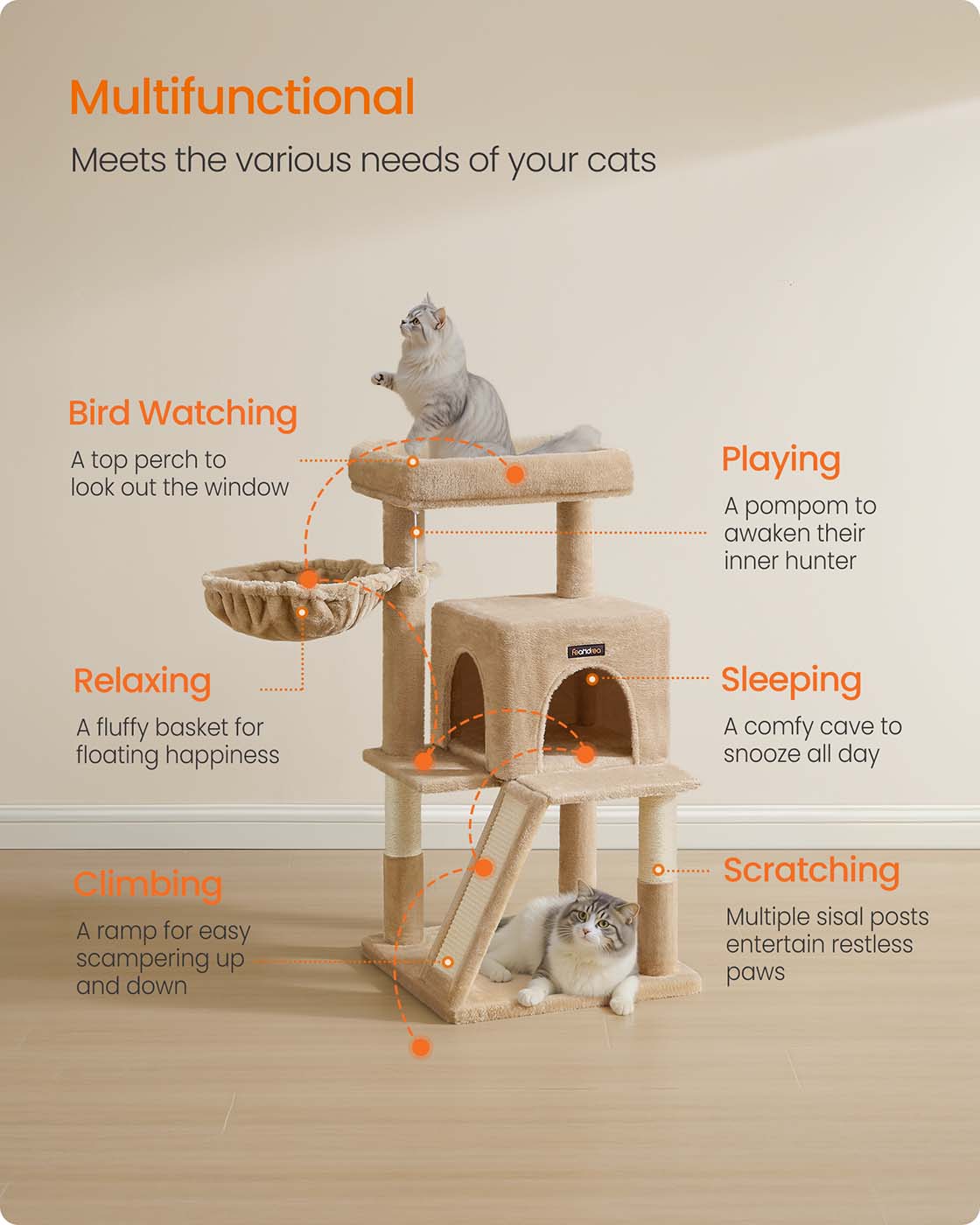 Cat Tree - Engineered Wood - Camel Brown - Spacious Widened Perch for Large Cats