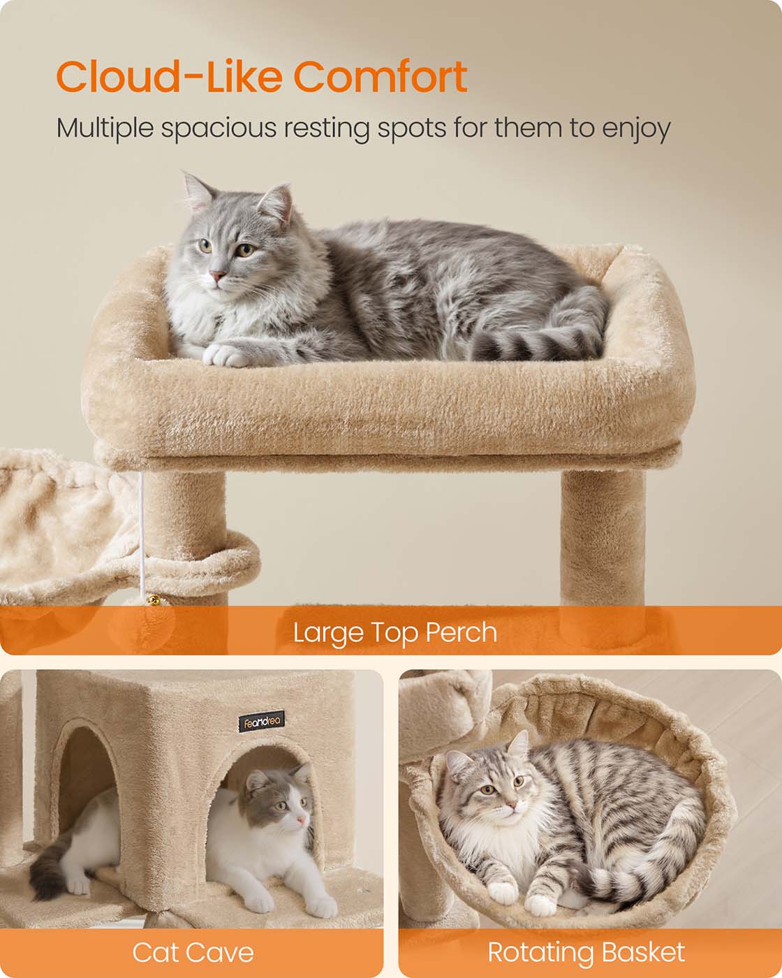 Cat Tree - Engineered Wood - Camel Brown - Spacious Widened Perch for Large Cats