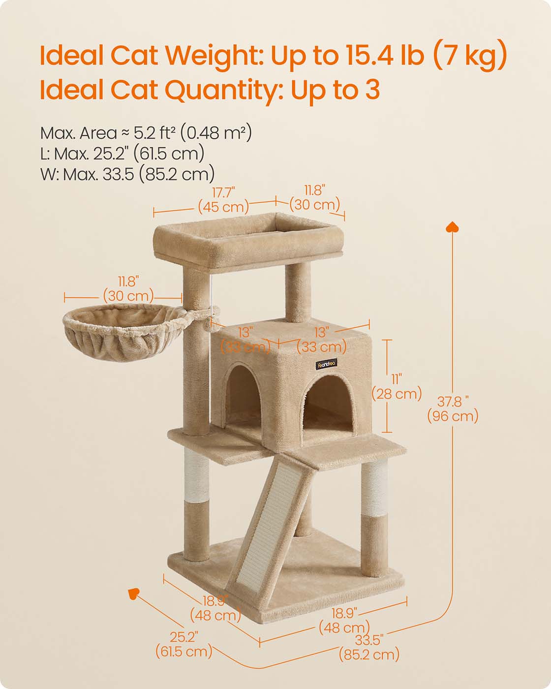 Cat Tree - Engineered Wood - Camel Brown - Spacious Widened Perch for Large Cats