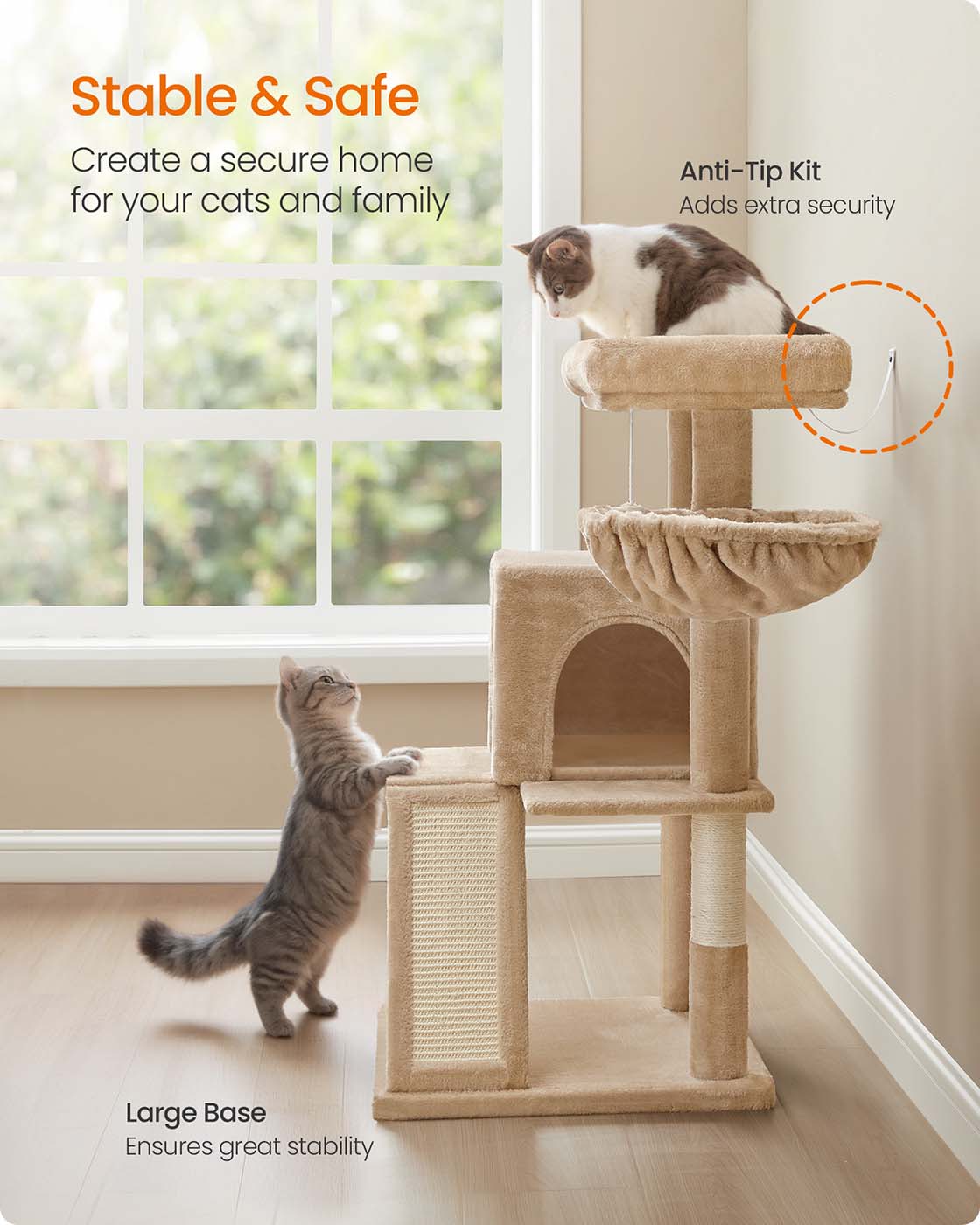 Cat Tree - Engineered Wood - Camel Brown - Spacious Widened Perch for Large Cats