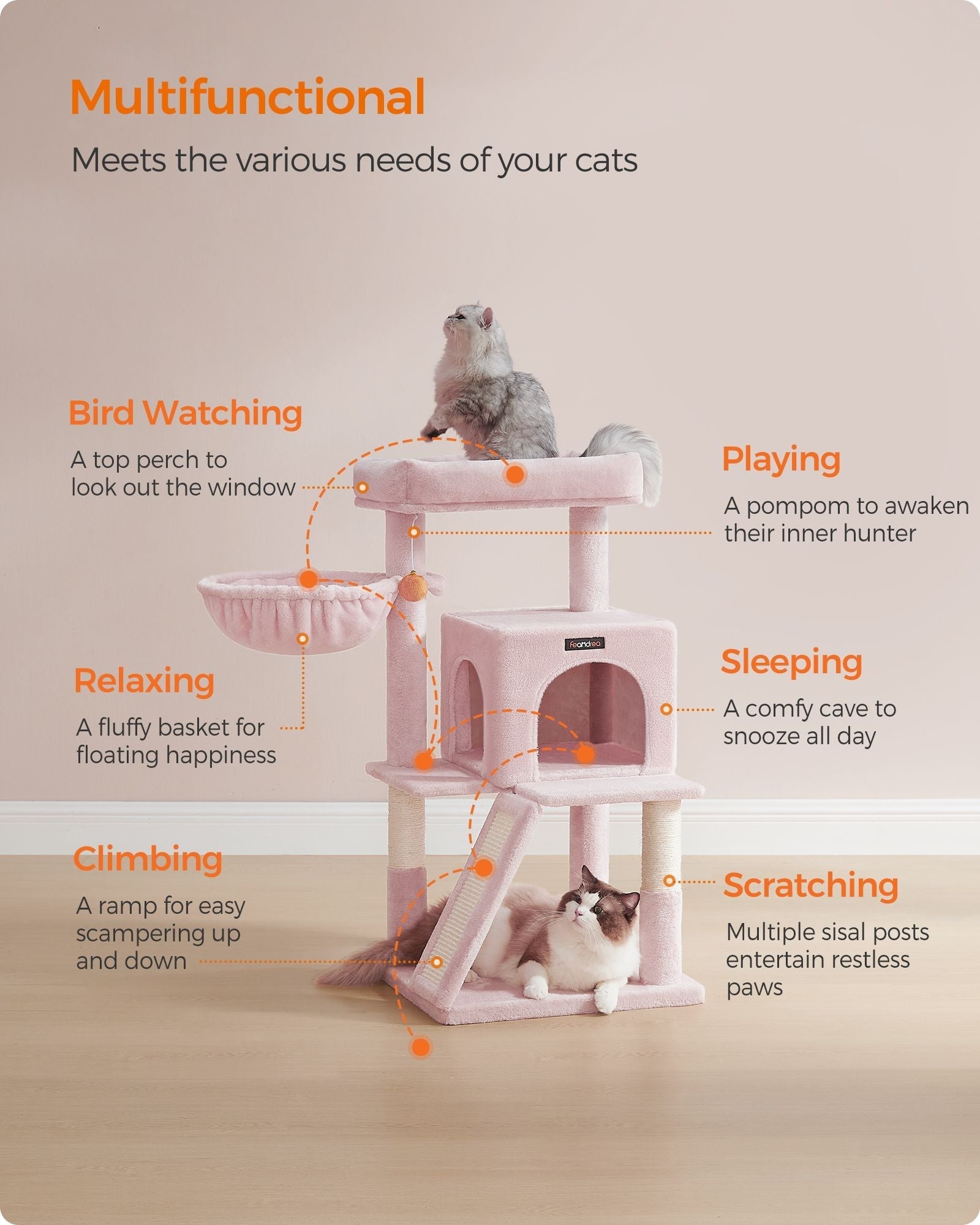 Cat Tree - Engineered Wood - Jelly Pink - Widened Perch for Large Cats