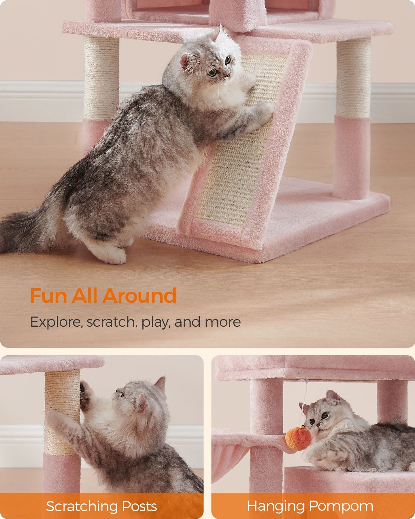 Cat Tree - Engineered Wood - Jelly Pink - Widened Perch for Large Cats