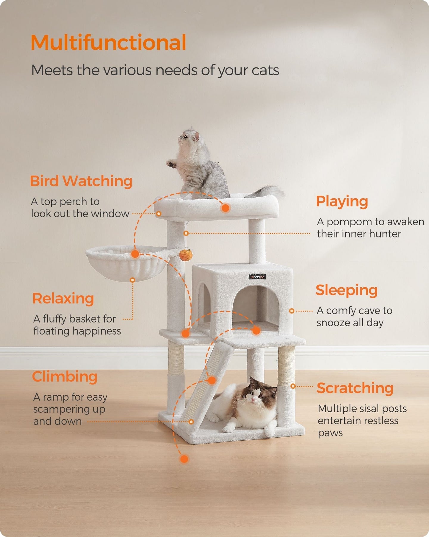 Cat Tree - Engineered Wood - Cream White - Widened Perch for Large Cats