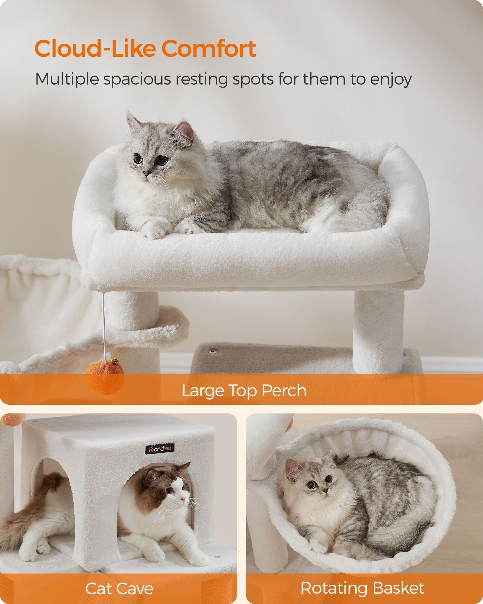 Cat Tree - Engineered Wood - Cream White - Widened Perch for Large Cats