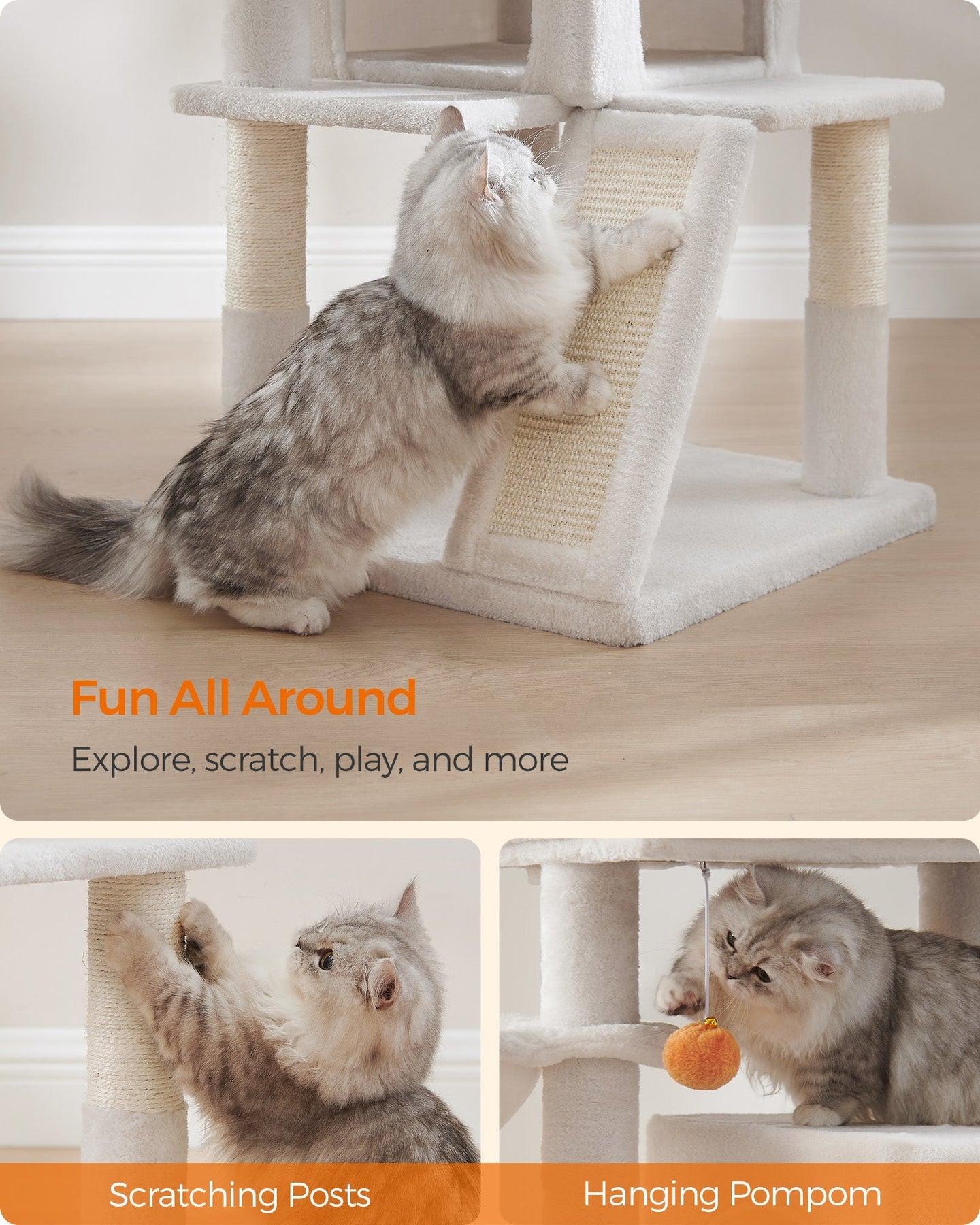 Cat Tree - Engineered Wood - Cream White - Widened Perch for Large Cats