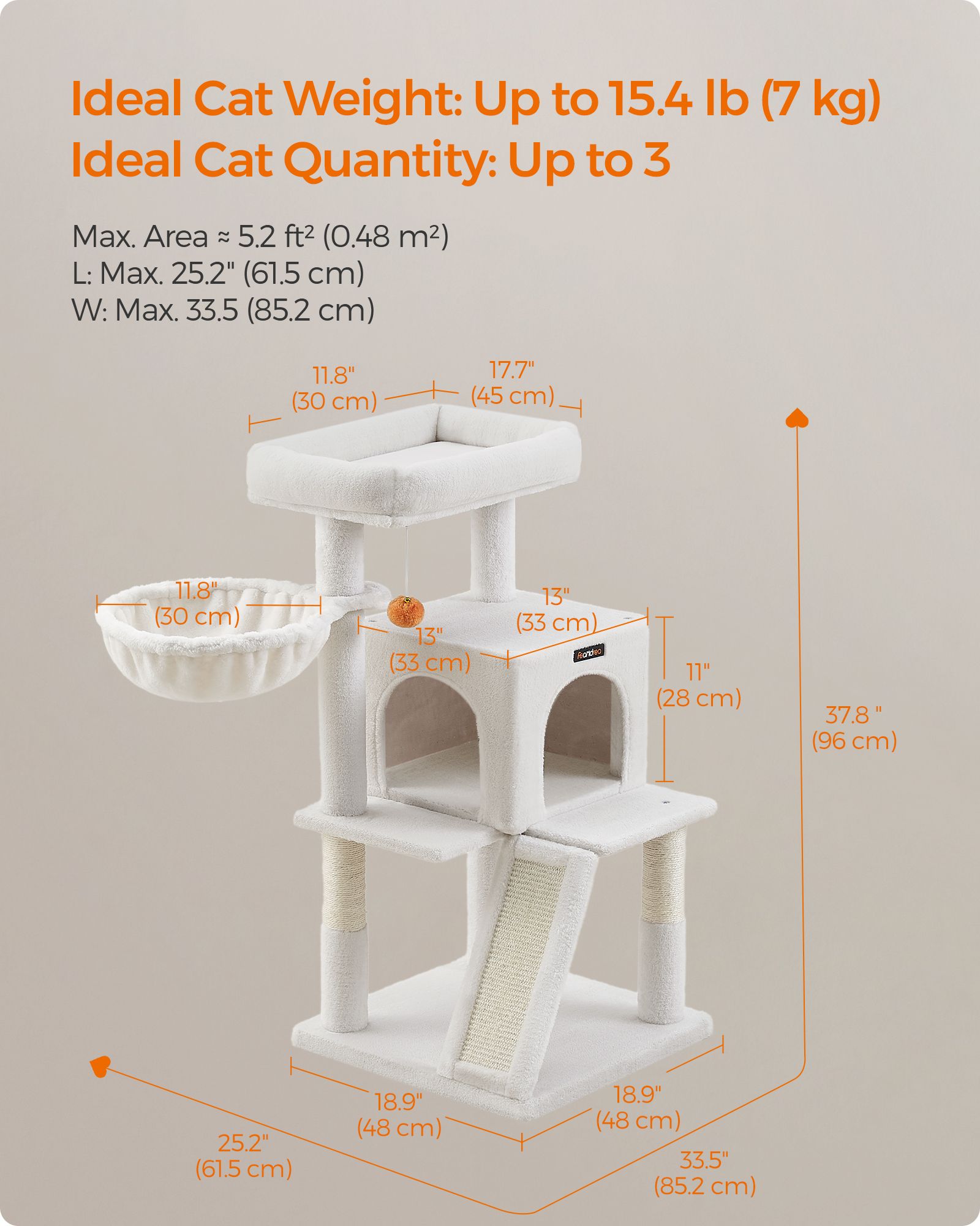 Cat Tree - Engineered Wood - Cream White - Widened Perch for Large Cats
