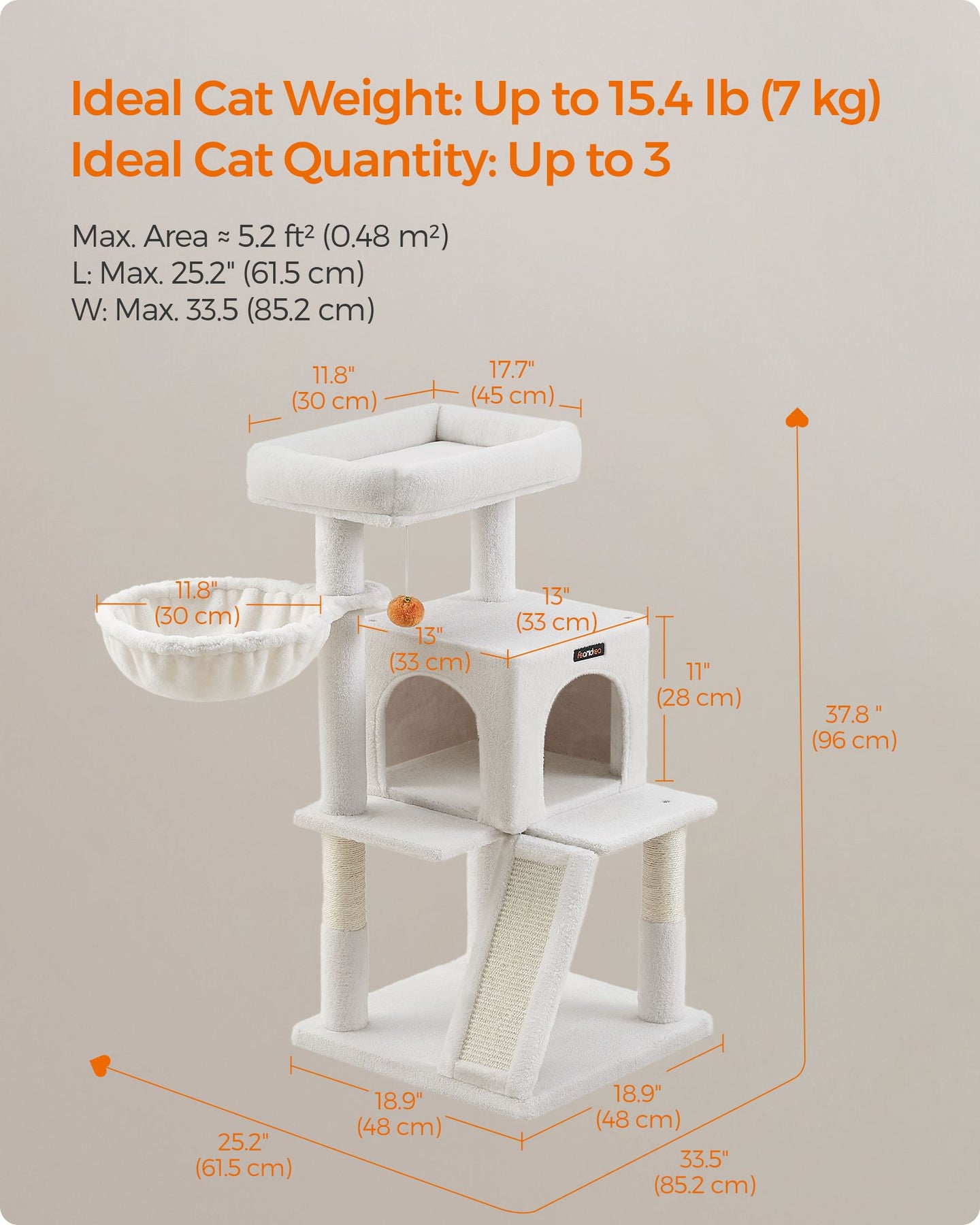 Cat Tree - Engineered Wood - Cream White - Widened Perch for Large Cats