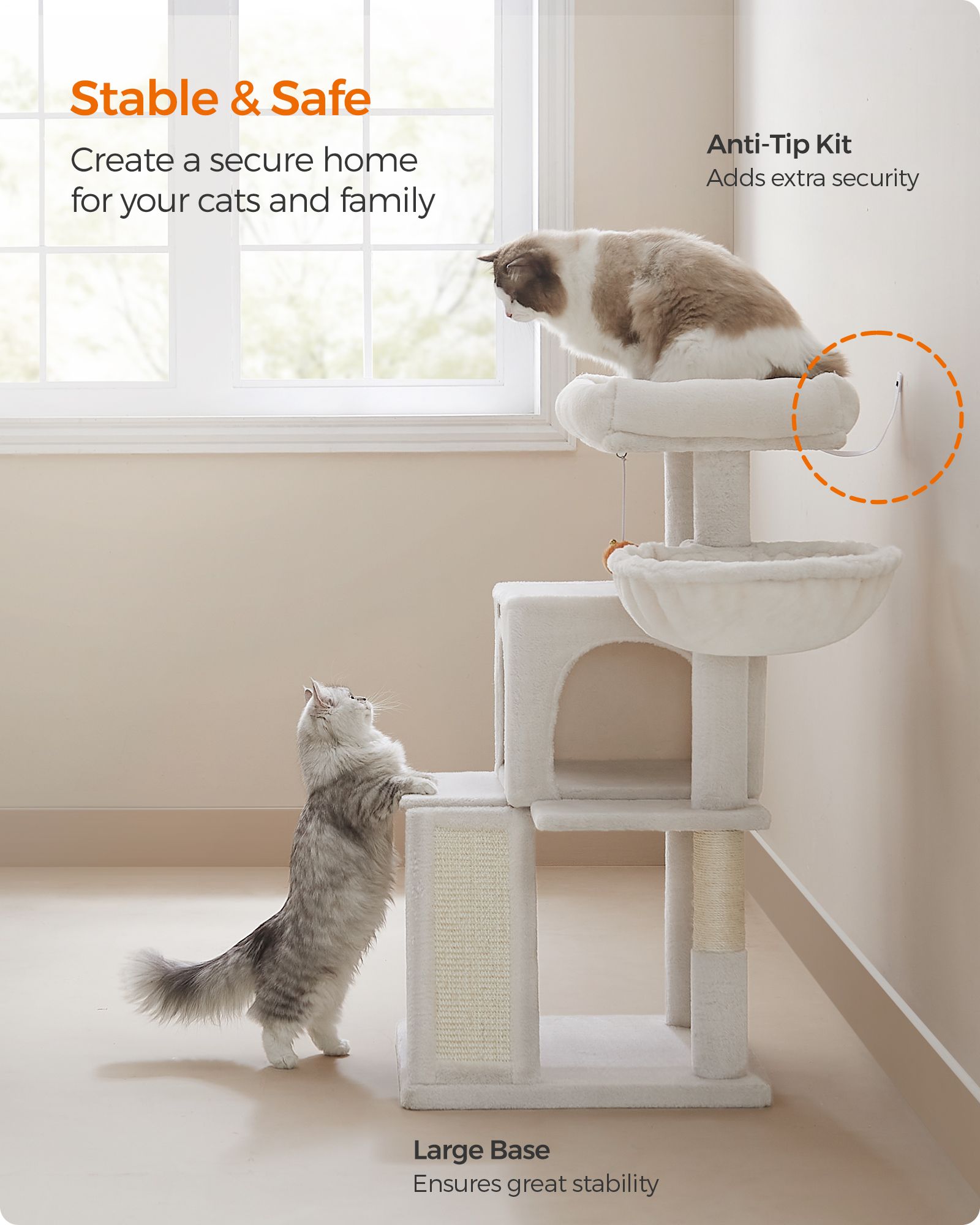 Cat Tree - Engineered Wood - Cream White - Widened Perch for Large Cats