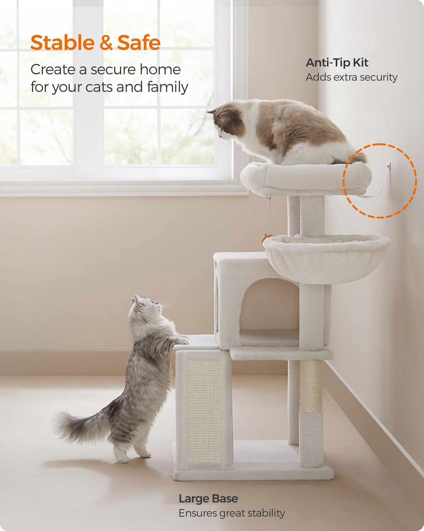 Cat Tree - Engineered Wood - Cream White - Widened Perch for Large Cats