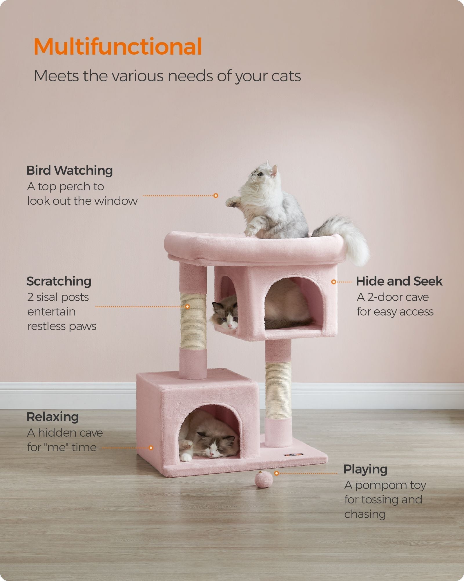 Cat Tree - Engineered Wood - Jelly Pink - Includes Scratching Posts and Cat Caves
