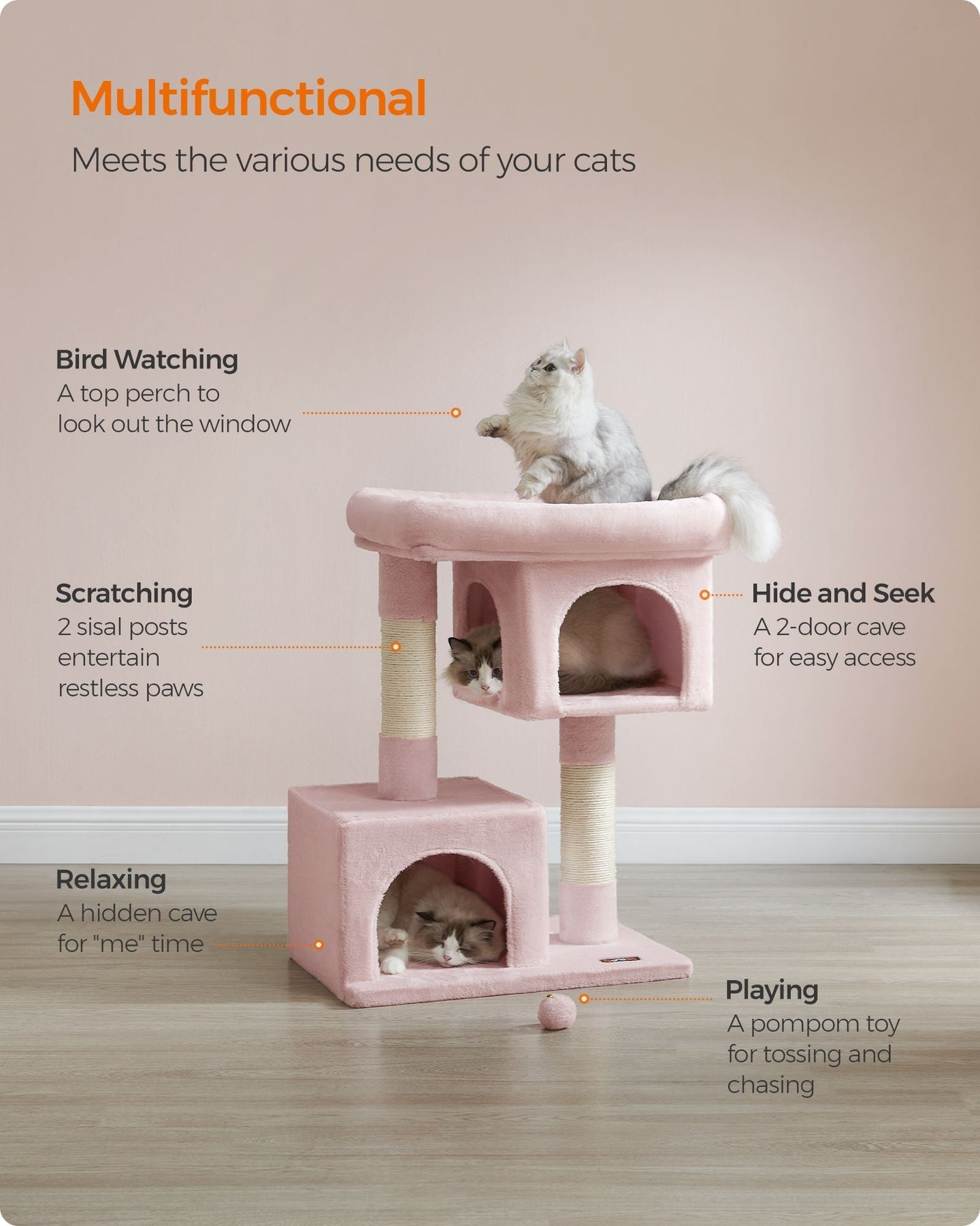 Cat Tree - Engineered Wood - Jelly Pink - Includes Scratching Posts and Cat Caves