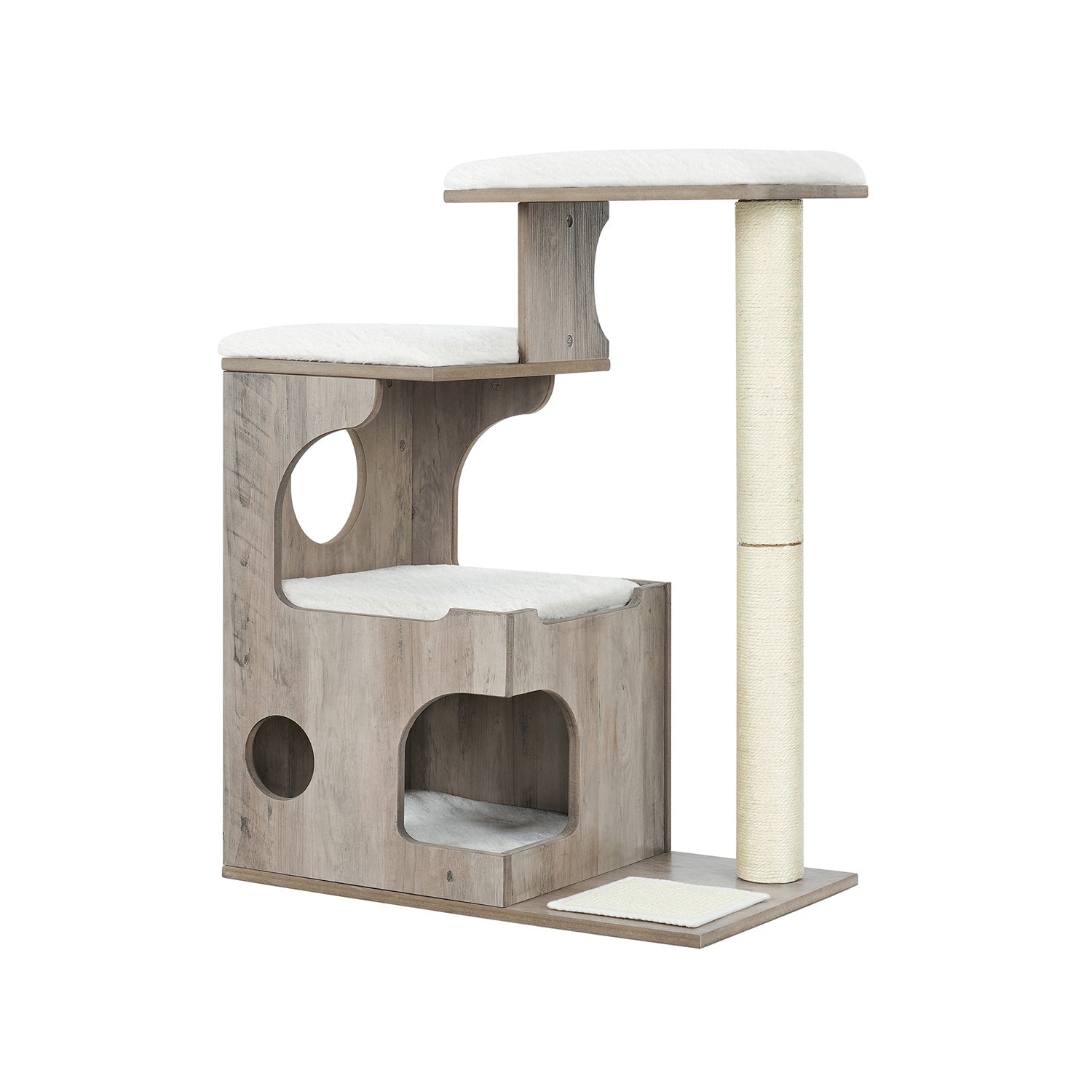Cat Tree - MDF with Wood Veneer - Vintage Rustic Brown - Medium Tower with 3 Beds and Cave