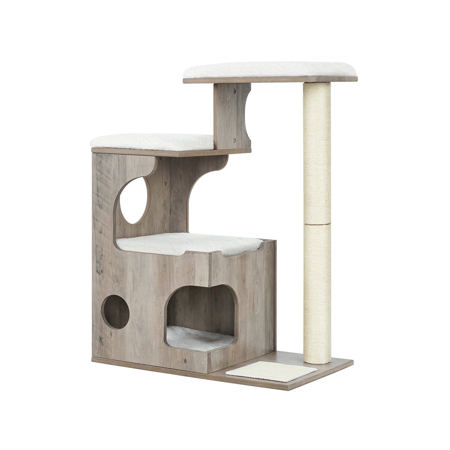 Cat Tree - MDF with Wood Veneer - Vintage Rustic Brown - Medium Tower with 3 Beds and Cave