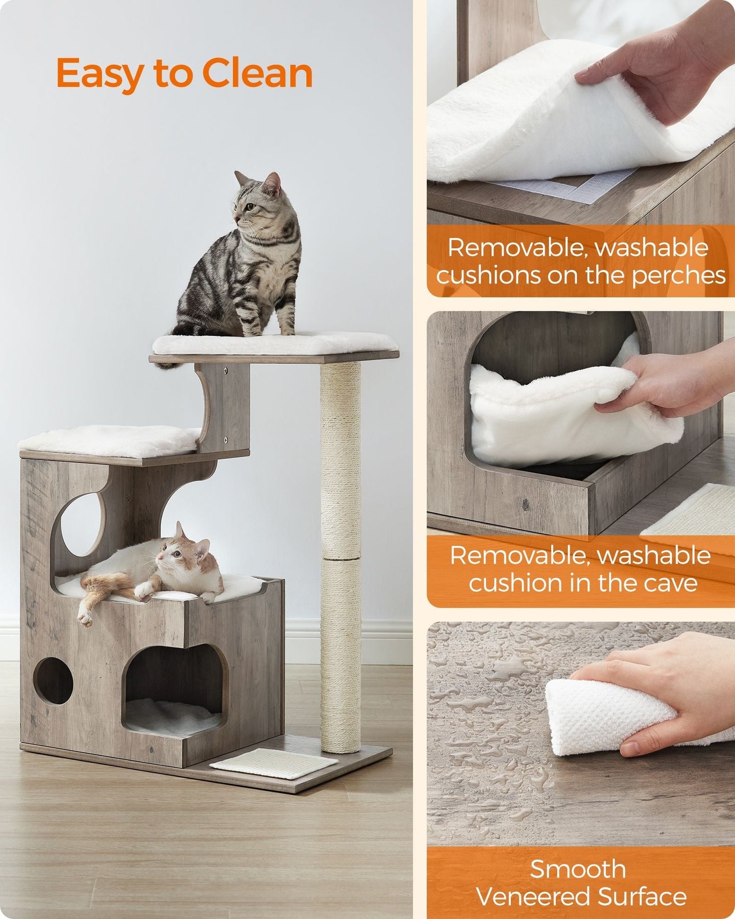 Cat Tree - MDF with Wood Veneer - Heather Greige - Medium with 3 Beds and Cave