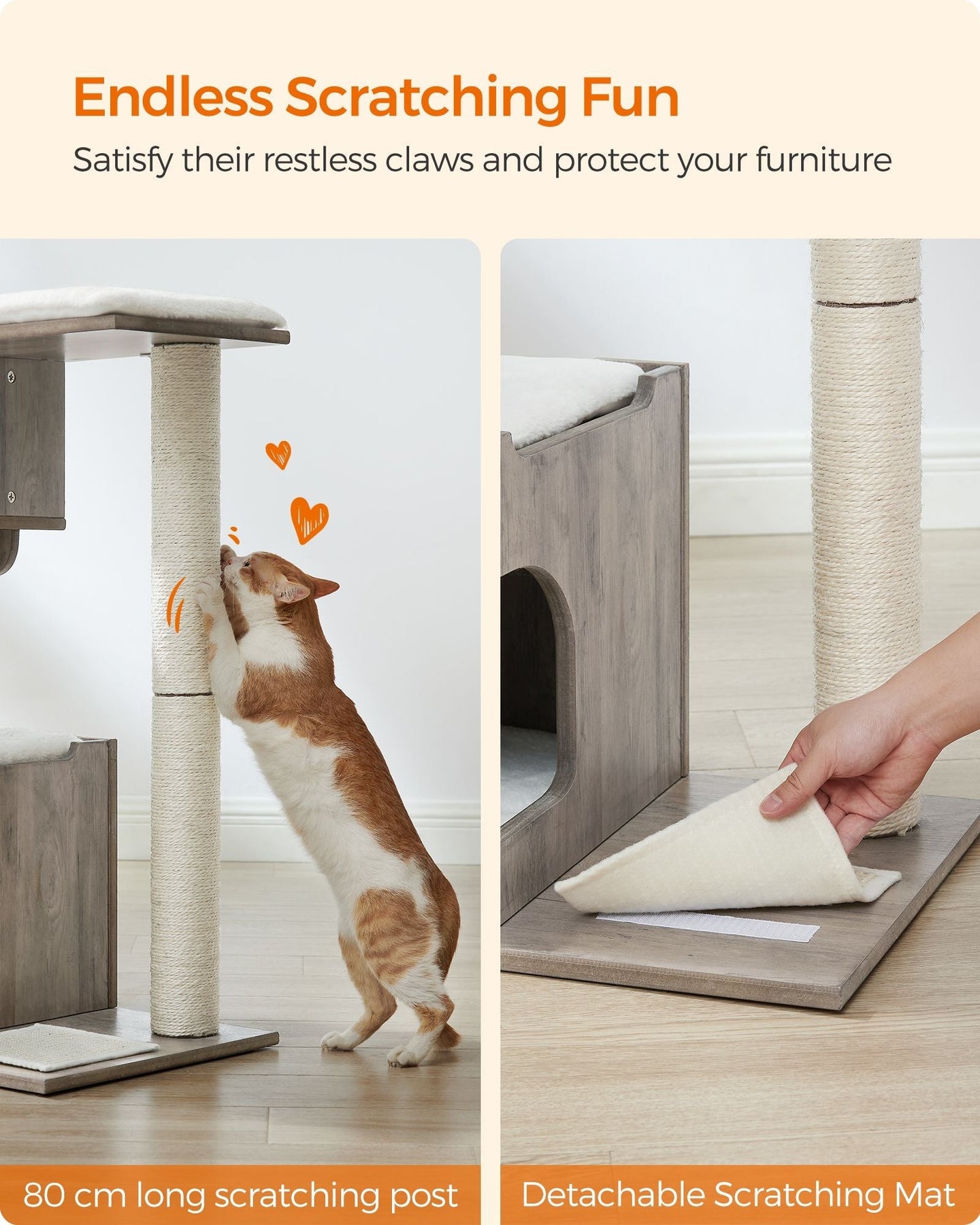 Cat Tree - MDF with Wood Veneer - Heather Greige - Medium with 3 Beds and Cave