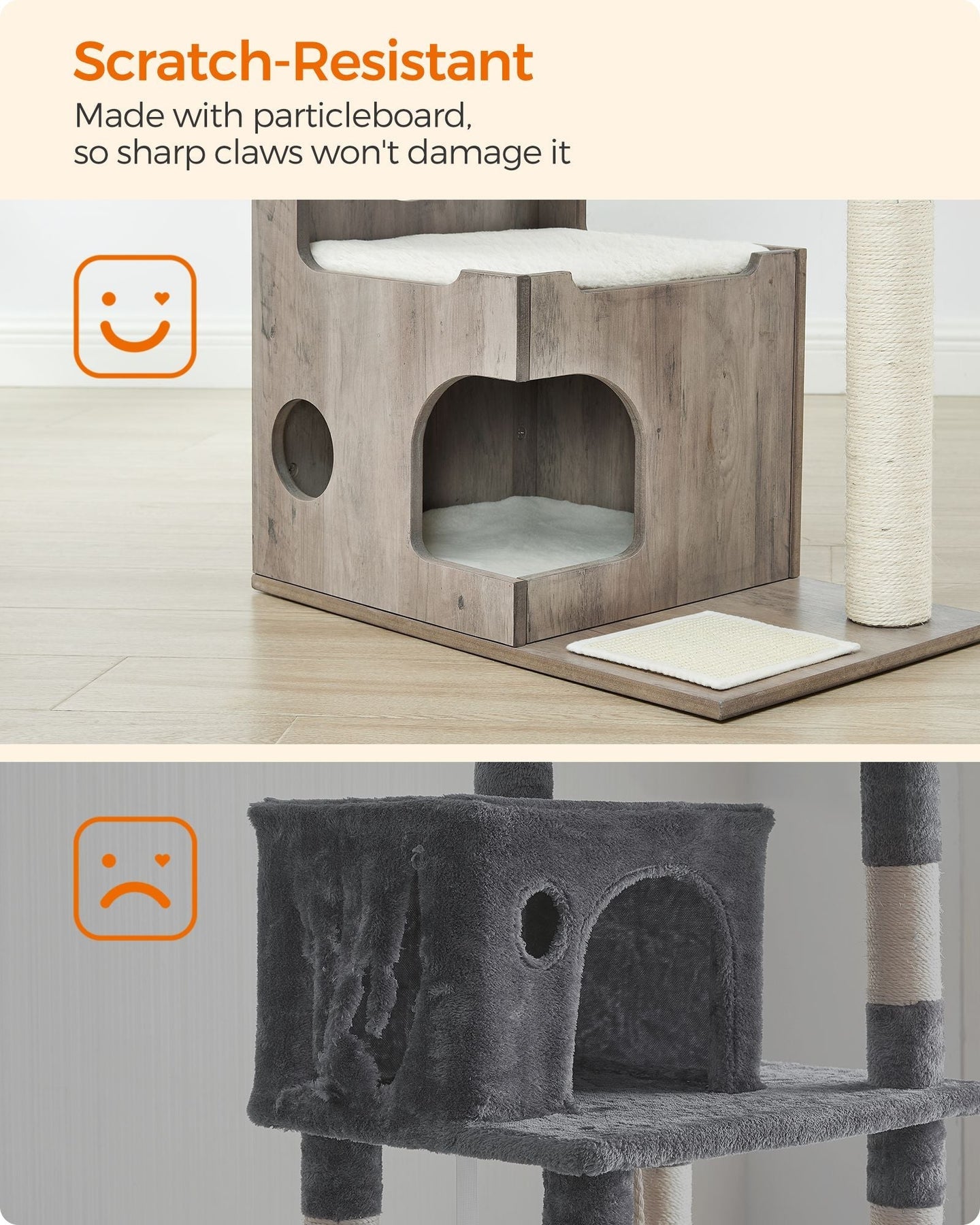 Cat Tree - MDF with Wood Veneer - Heather Greige - Medium with 3 Beds and Cave