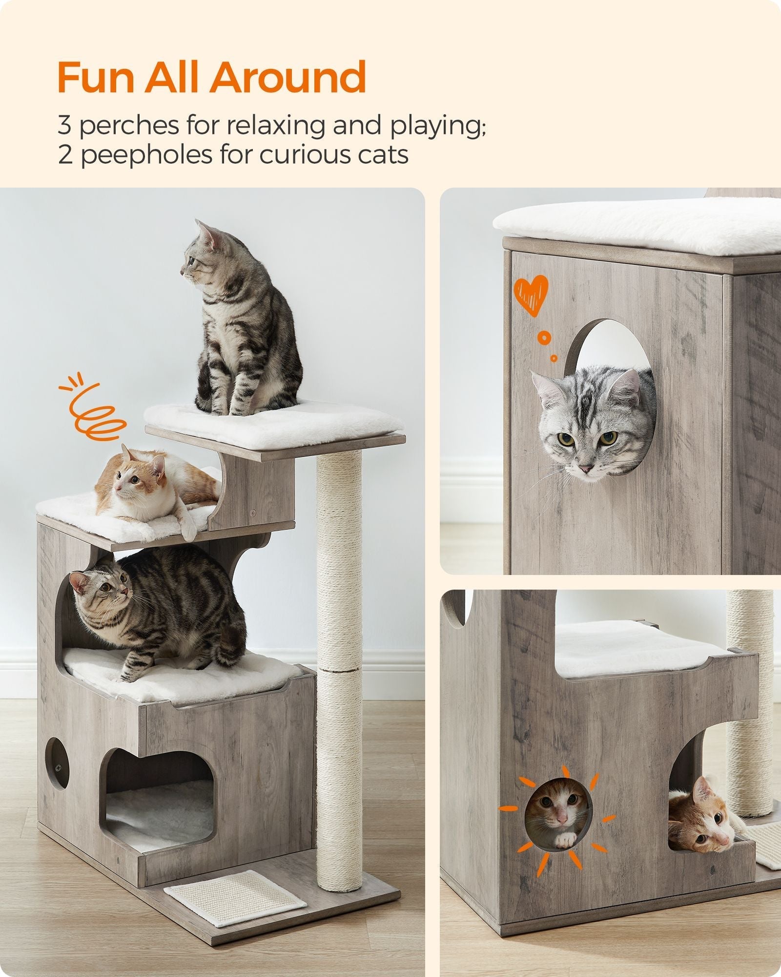 Cat Tree - MDF with Wood Veneer - Heather Greige - Medium with 3 Beds and Cave