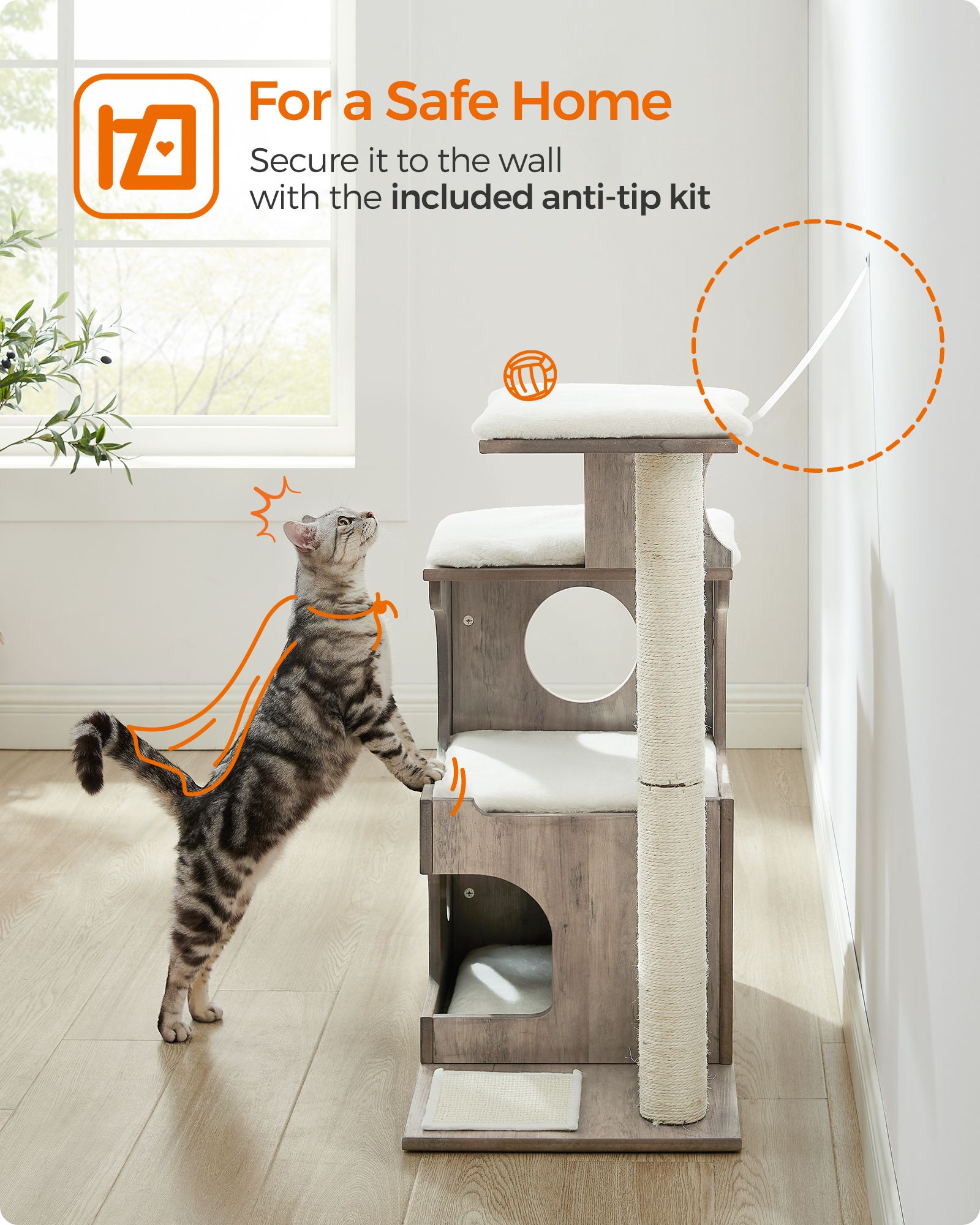 Cat Tree - MDF with Wood Veneer - Heather Greige - Medium with 3 Beds and Cave