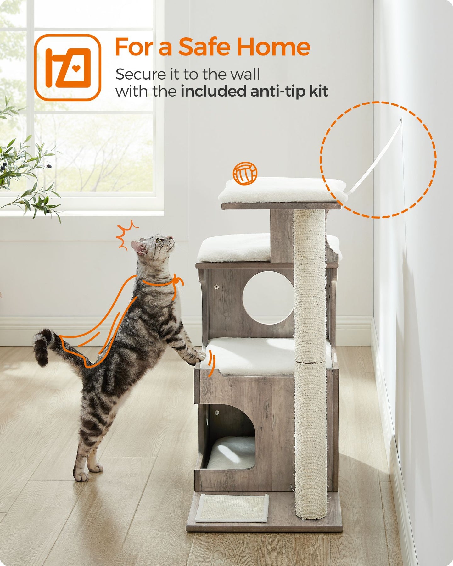 Cat Tree - MDF with Wood Veneer - Heather Greige - Medium with 3 Beds and Cave