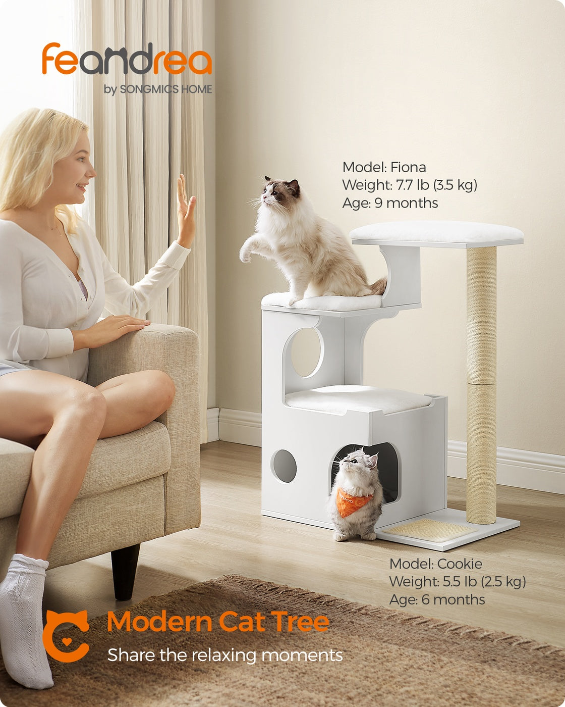WoodyWonders Cat Tree, Cat Tower - Wood and Plush - Cloud White
