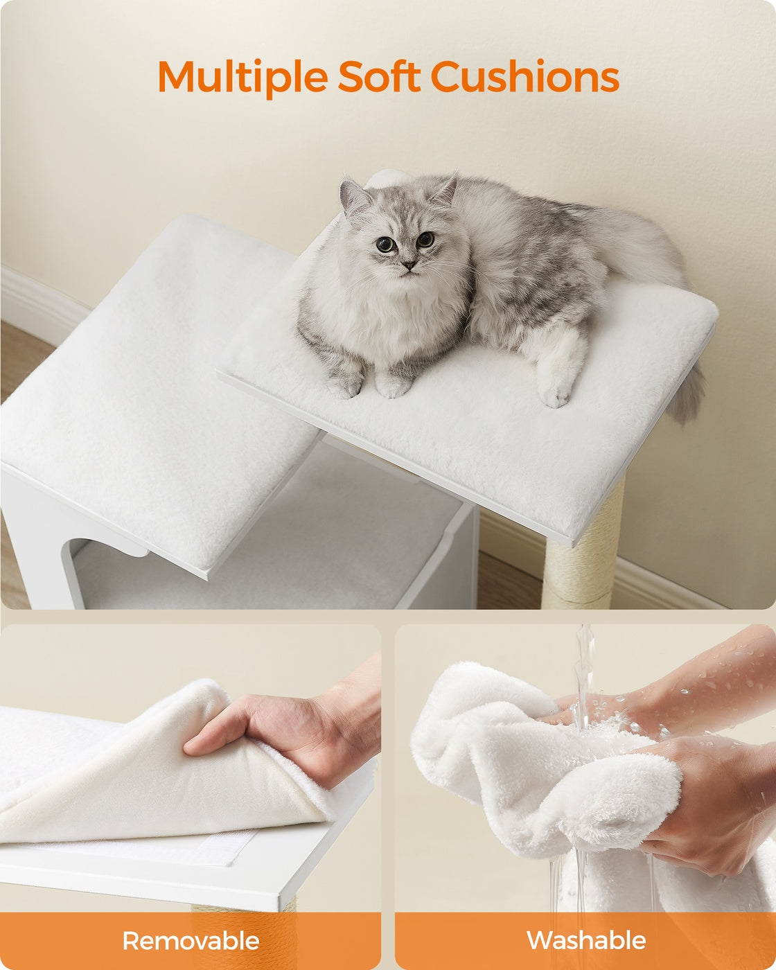 WoodyWonders Cat Tree, Cat Tower - Wood and Plush - Cloud White