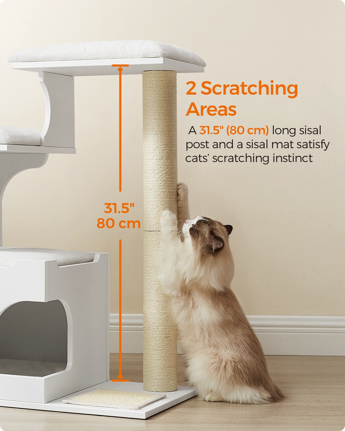 WoodyWonders Cat Tree, Cat Tower - Wood and Plush - Cloud White