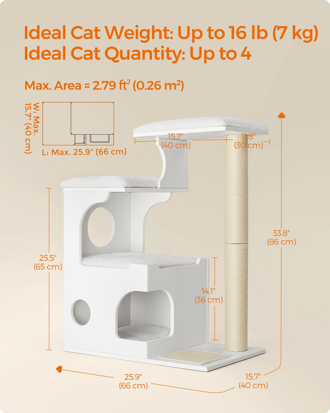 WoodyWonders Cat Tree, Cat Tower - Wood and Plush - Cloud White